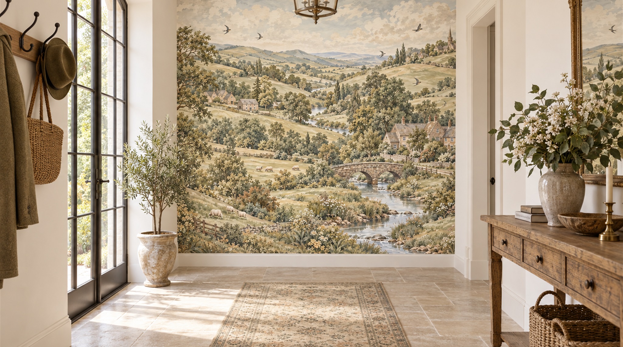 Red And Olive A Painterly Scenic View Entryway-wallpaper-murals, Peel-and-stick Finish