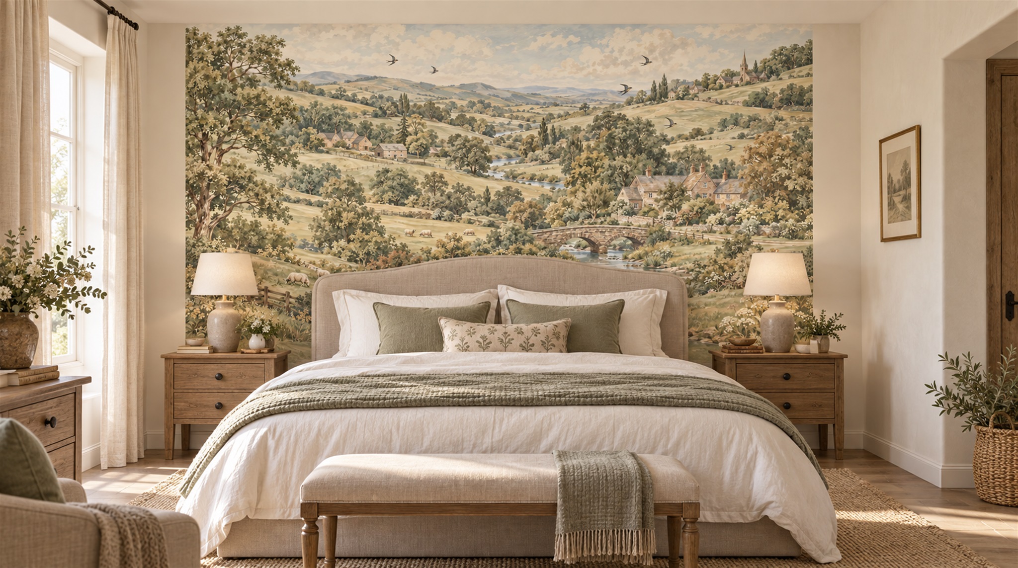 Red And Olive A Painterly Scenic View Bedroom-wallpaper-murals, Peel-and-stick Finish