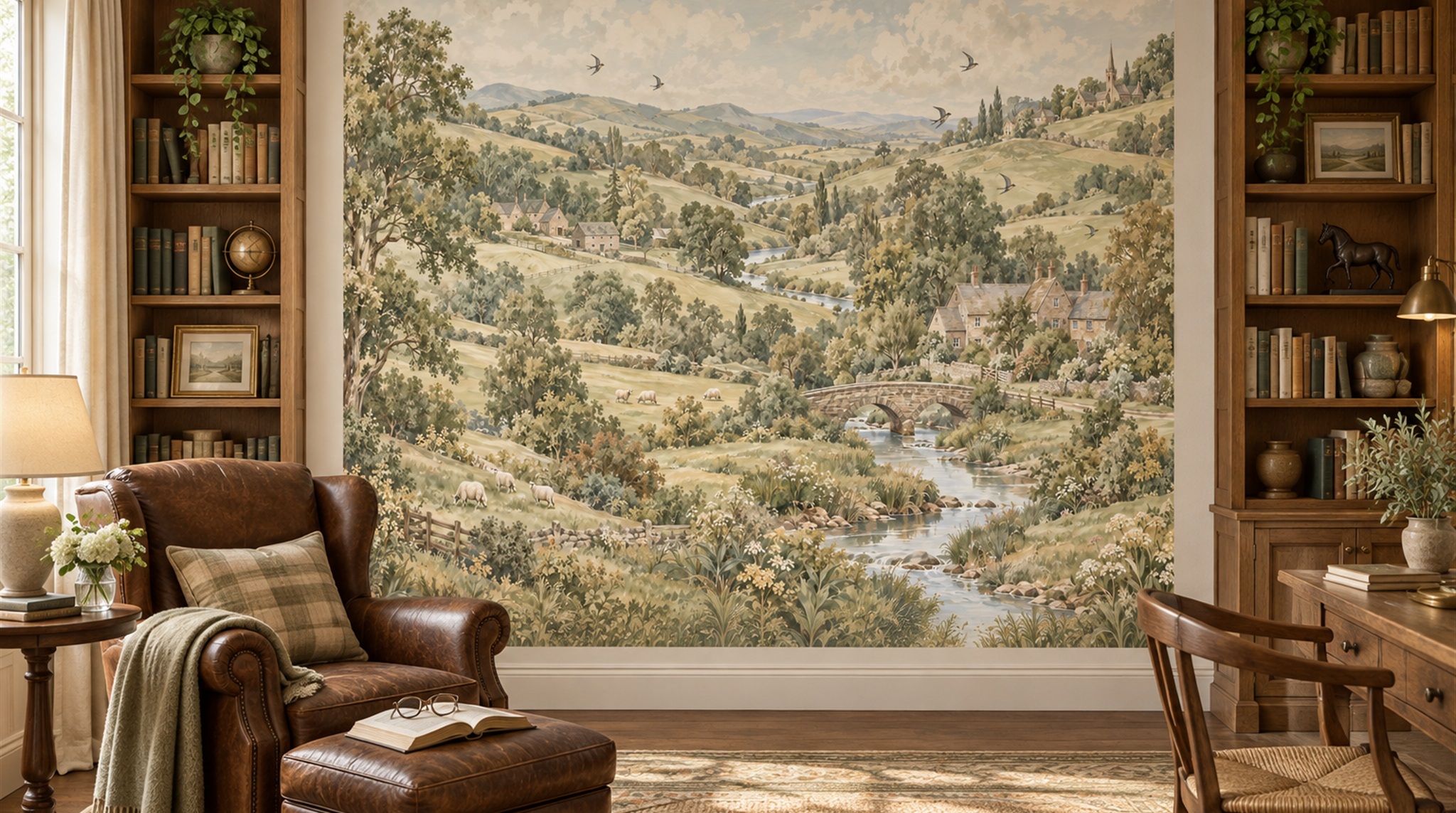 Red And Olive A Painterly Scenic View Library-wallpaper-murals, Peel-and-stick Finish