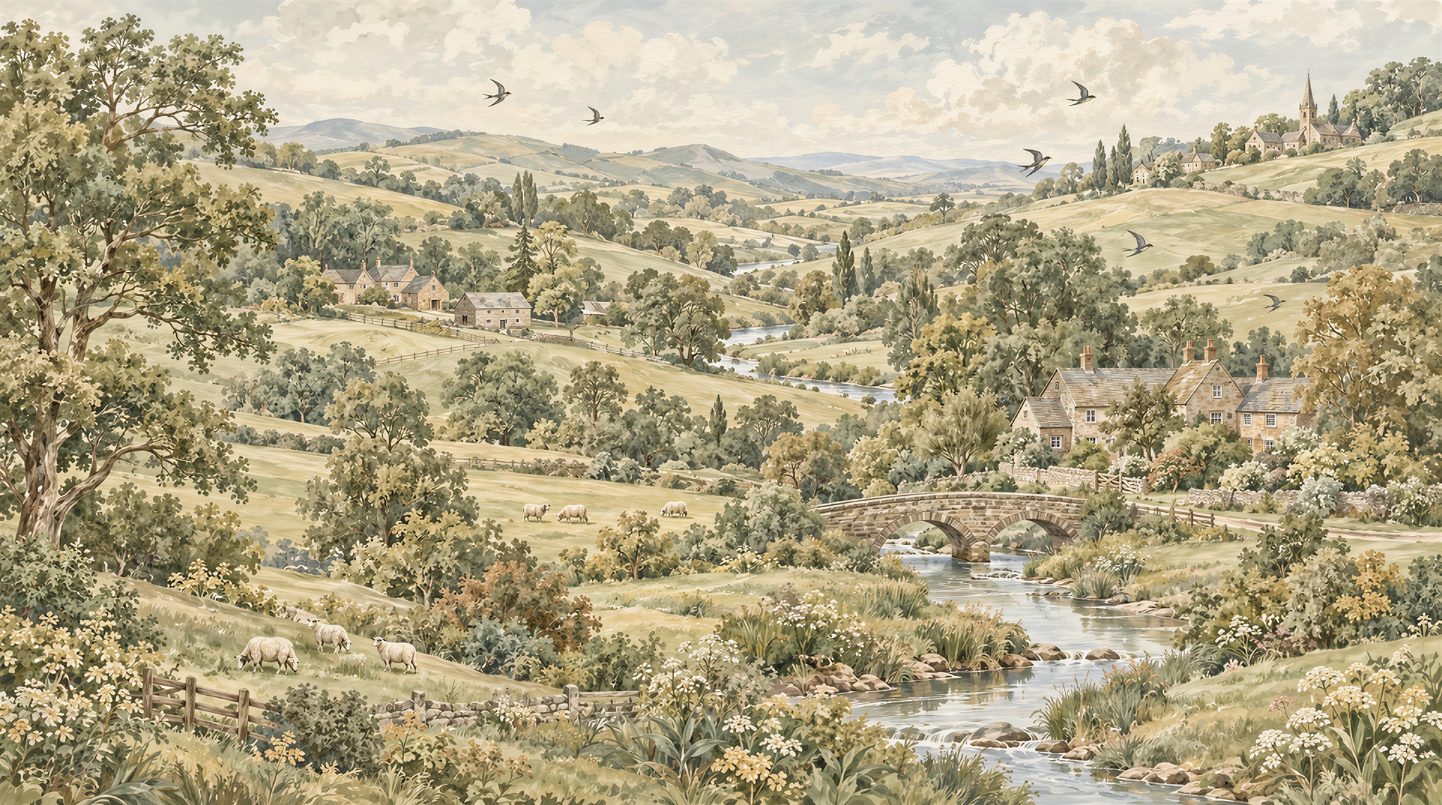 Rolling Green Countryside Landscape Wallpaper Mural — Wallpaper Mural Design, Peel-and-stick Finish