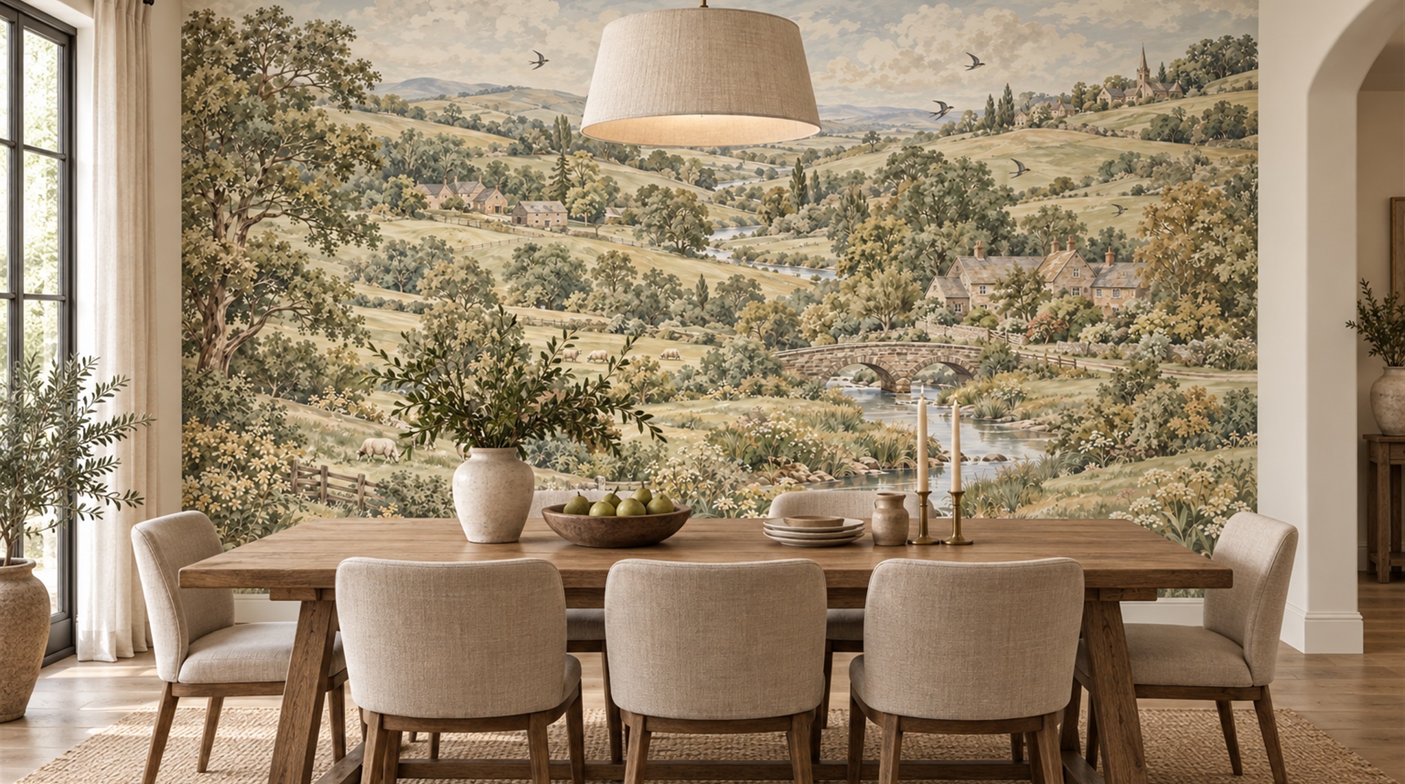 Red And Olive A Painterly Scenic View Accent-wall-wallpaper-murals, Peel-and-stick Finish