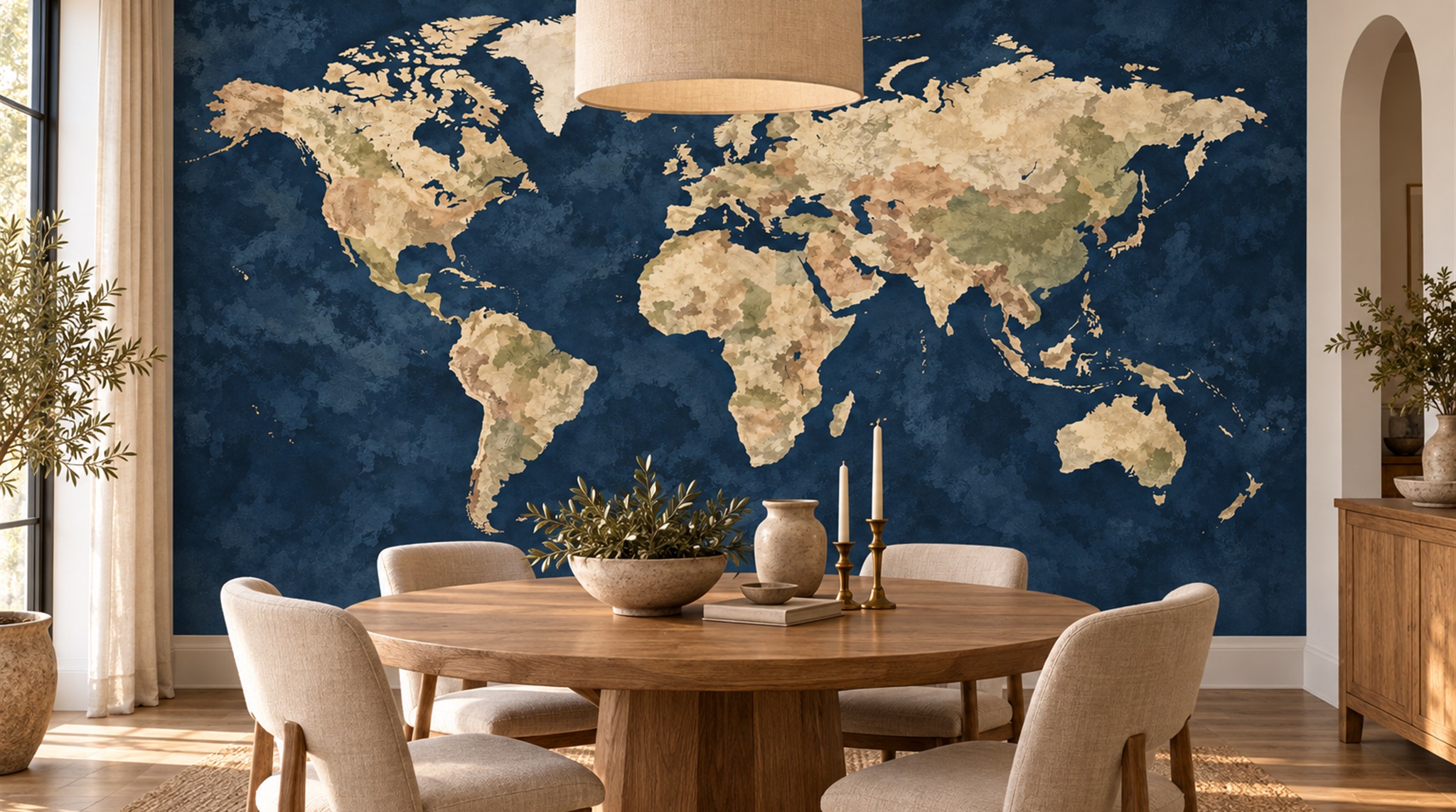 Red And Navy Decorative Patterning Wallpaper Mural Dining-room-wallpaper-murals, Shown In A Dining Room, Peel-and-stick Finish