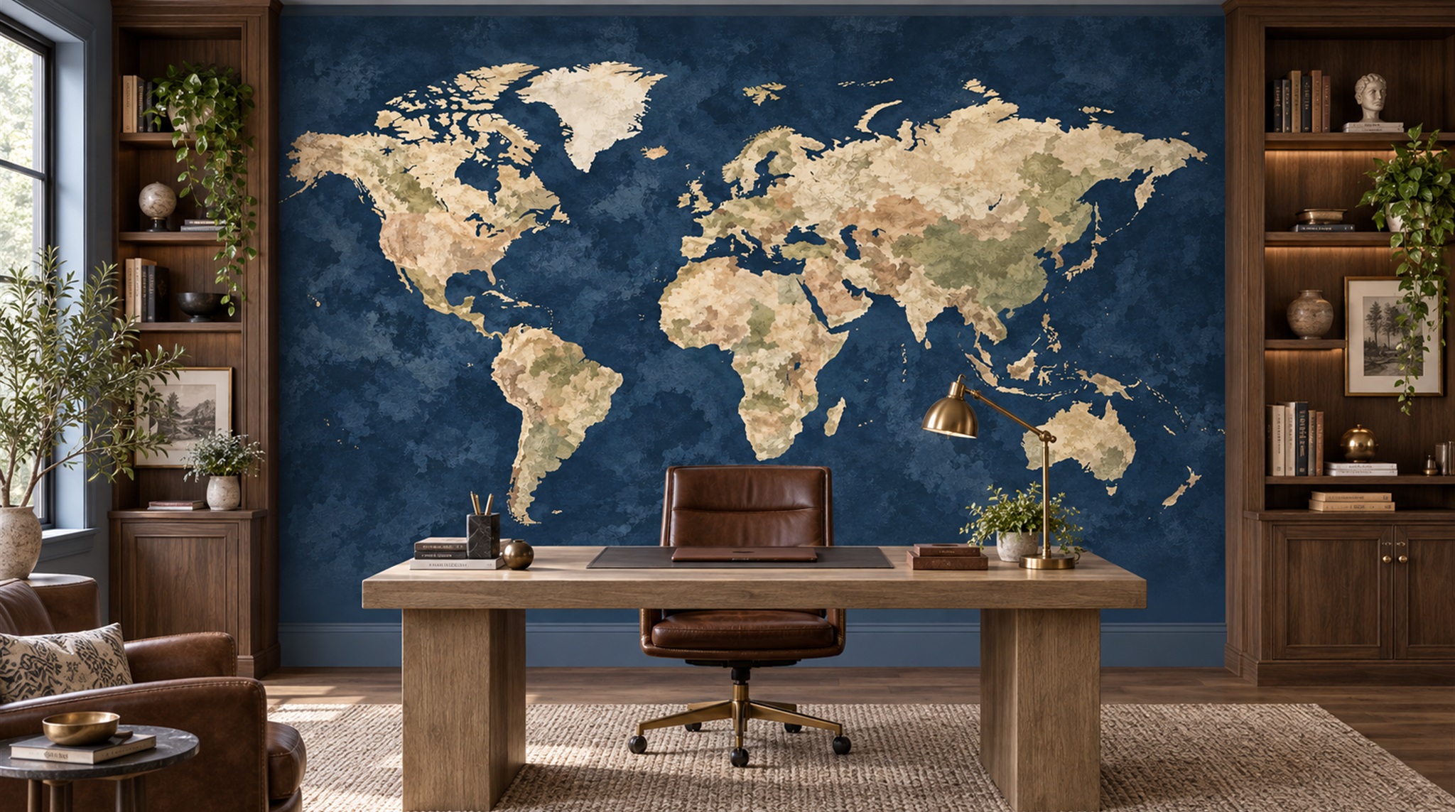 Red And Navy Decorative Patterning Wallpaper Mural Office-wallpaper-murals, Shown In A Home Office, Peel-and-stick Finish