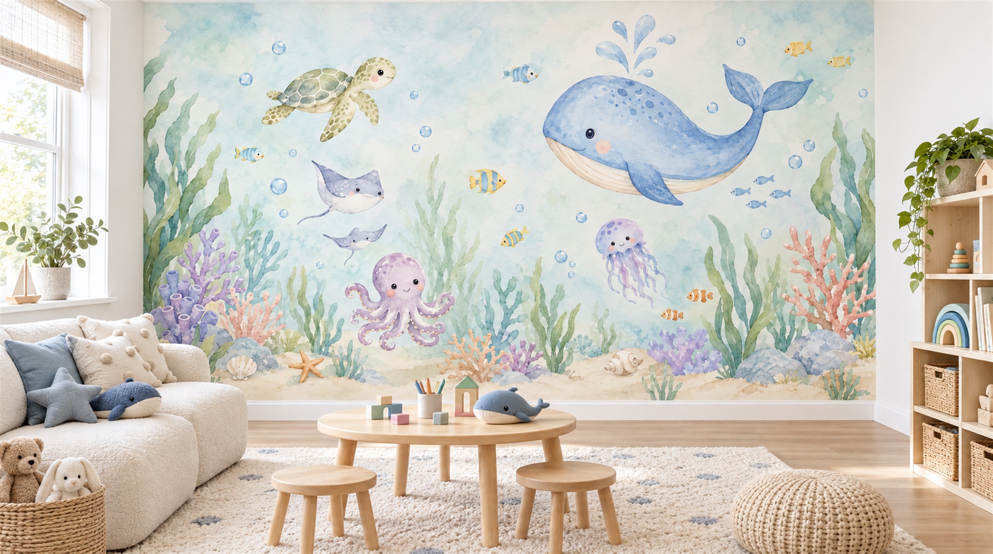 Red And Aqua An Open Ocean View Wallpaper Mural Playroom-wallpaper-murals, Peel-and-stick Finish
