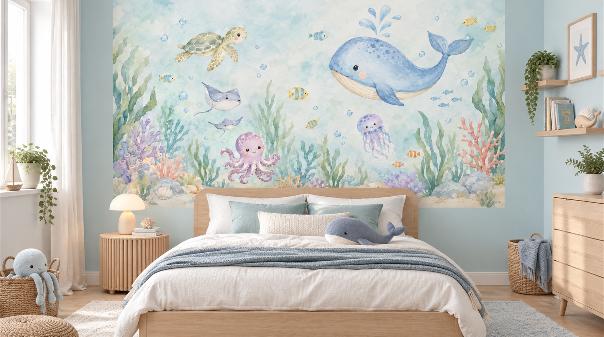 Red And Aqua An Open Ocean View Wallpaper Mural Nursery-wallpaper-murals, Peel-and-stick Finish