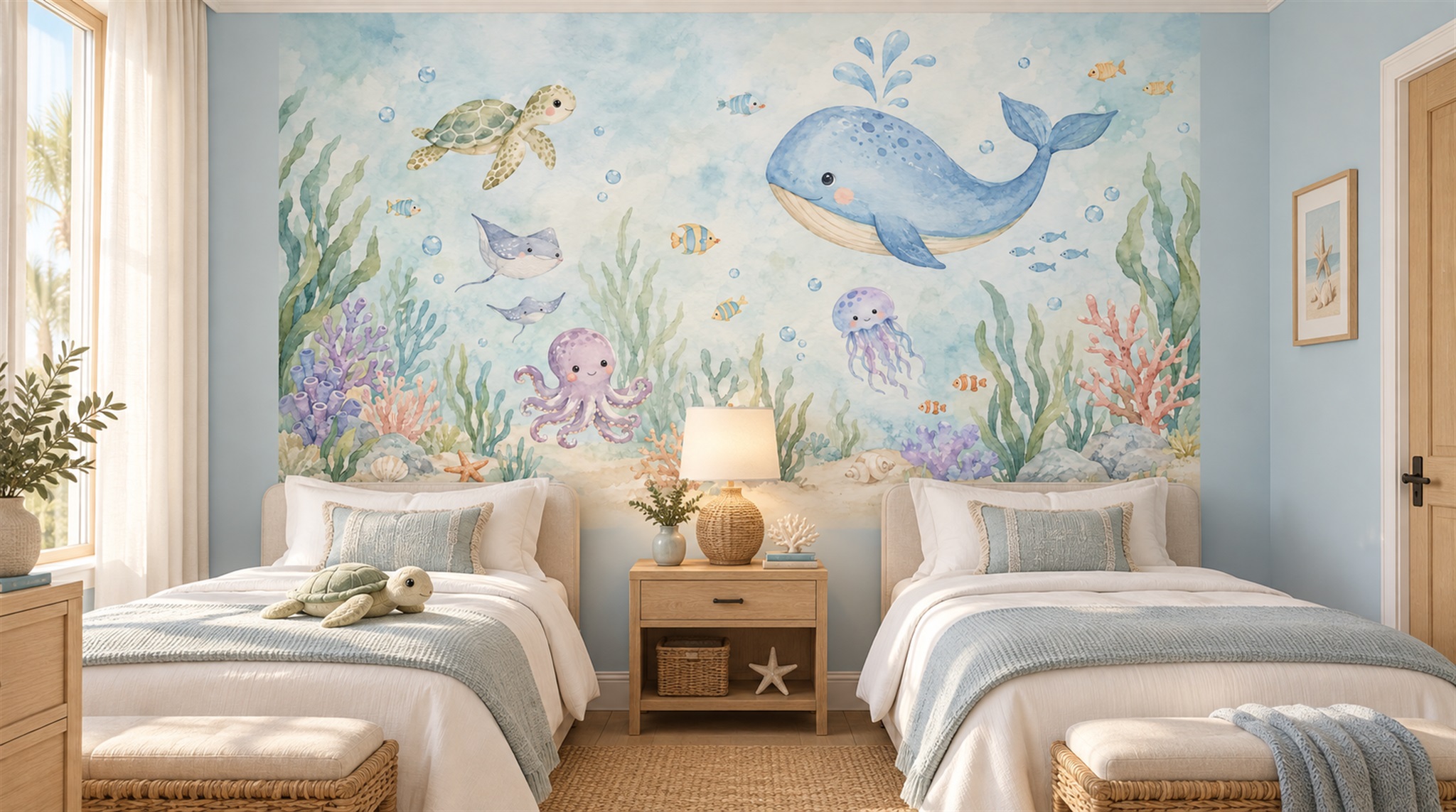 Red And Aqua An Open Ocean View Wallpaper Mural Accent-wall-wallpaper-murals, Peel-and-stick Finish