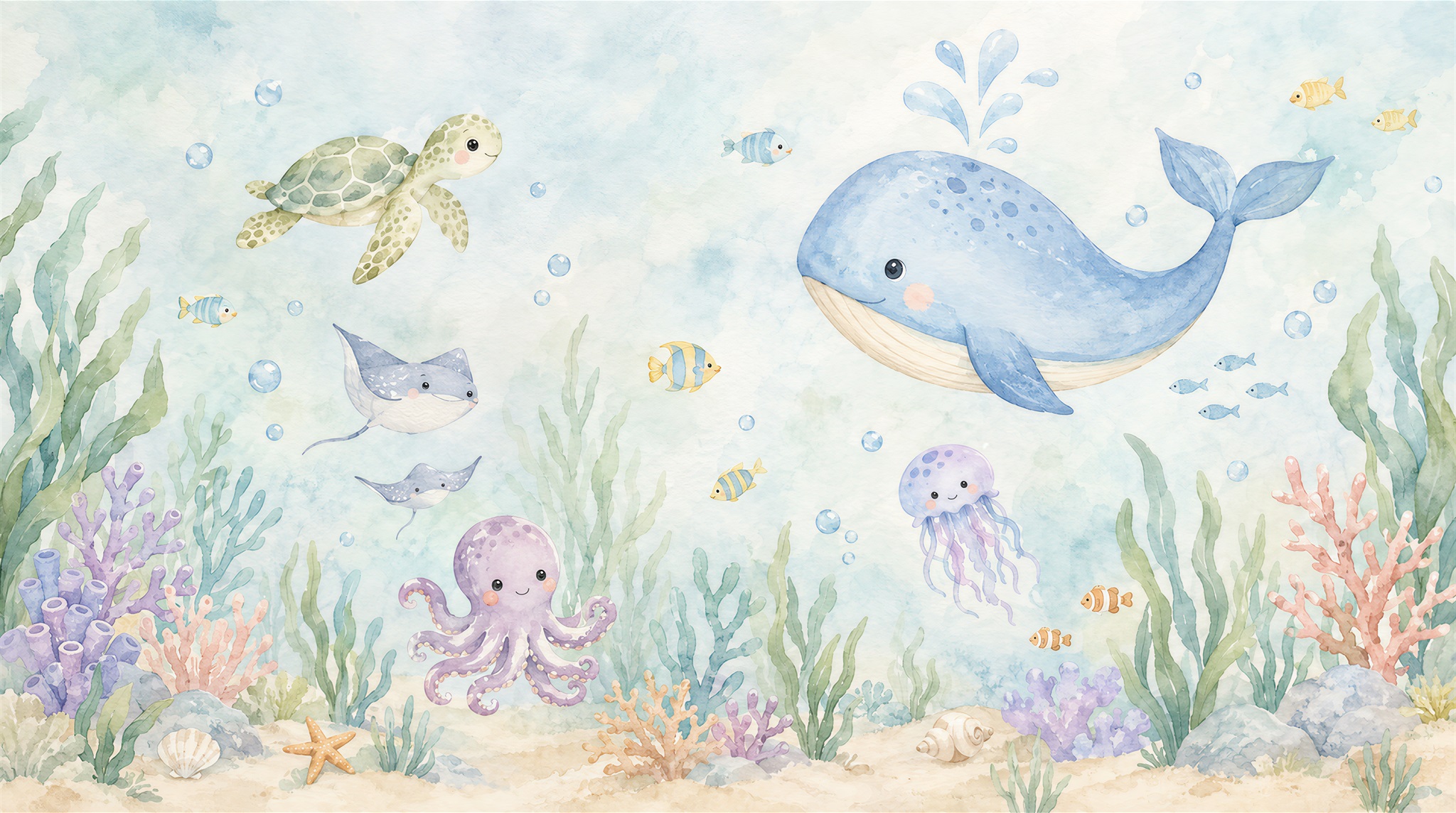 Pastel Whales And Sea Turtle Underwater Wallpaper Mural — Wallpaper Mural Design, Peel-and-stick Finish
