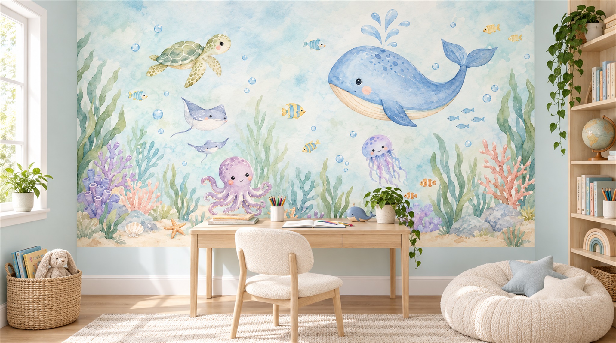 Red And Aqua An Open Ocean View Wallpaper Mural Accent-wall-wallpaper-murals, Peel-and-stick Finish