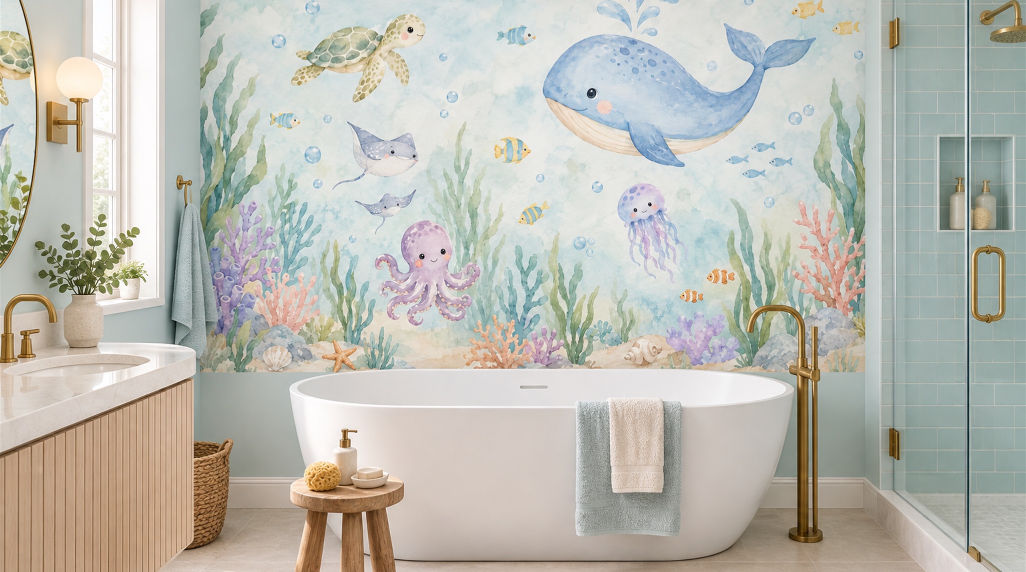 Red And Aqua An Open Ocean View Wallpaper Mural Accent-wall-wallpaper-murals, Peel-and-stick Finish