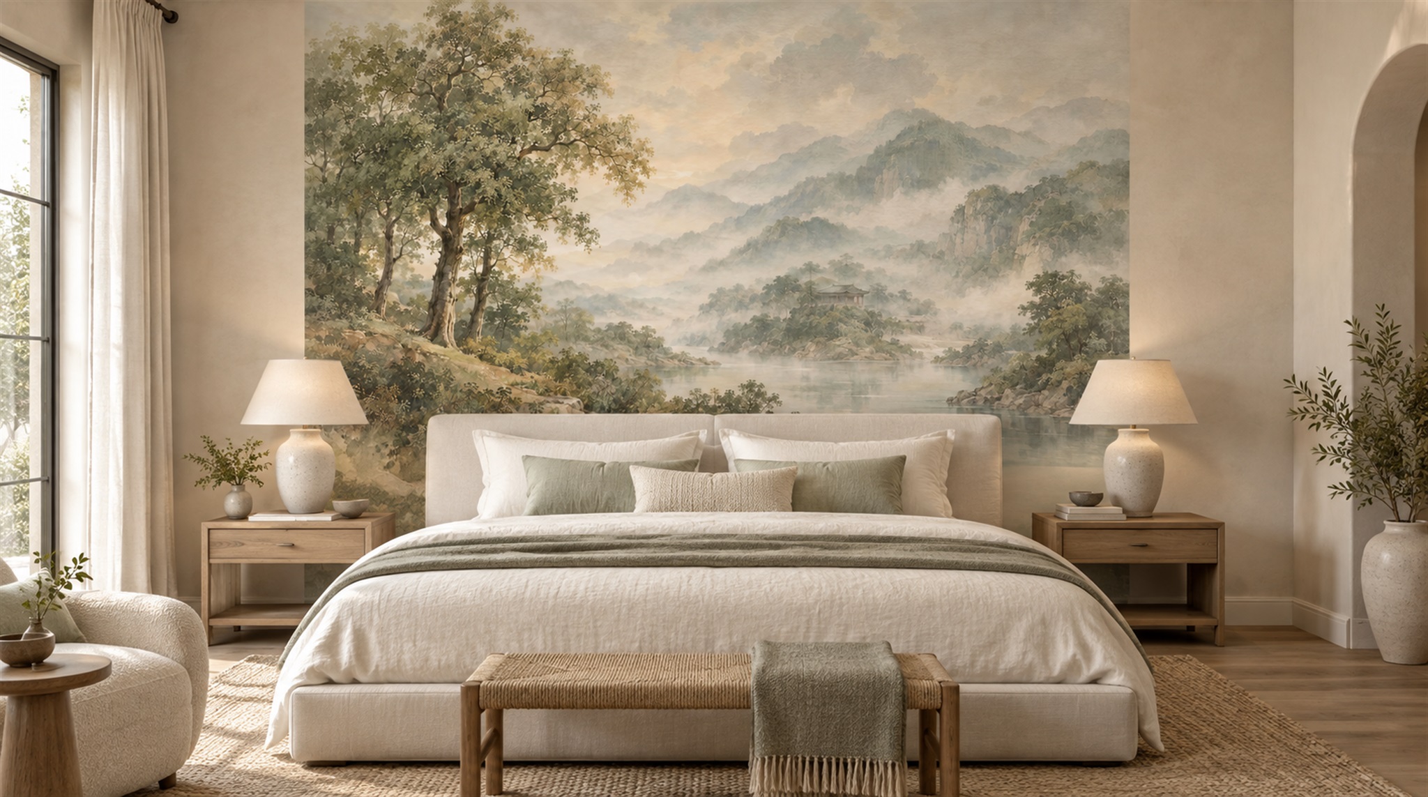 Red And Green A Painterly Scenic View Wallpaper Mural Bedroom-wallpaper-murals, Peel-and-stick Finish