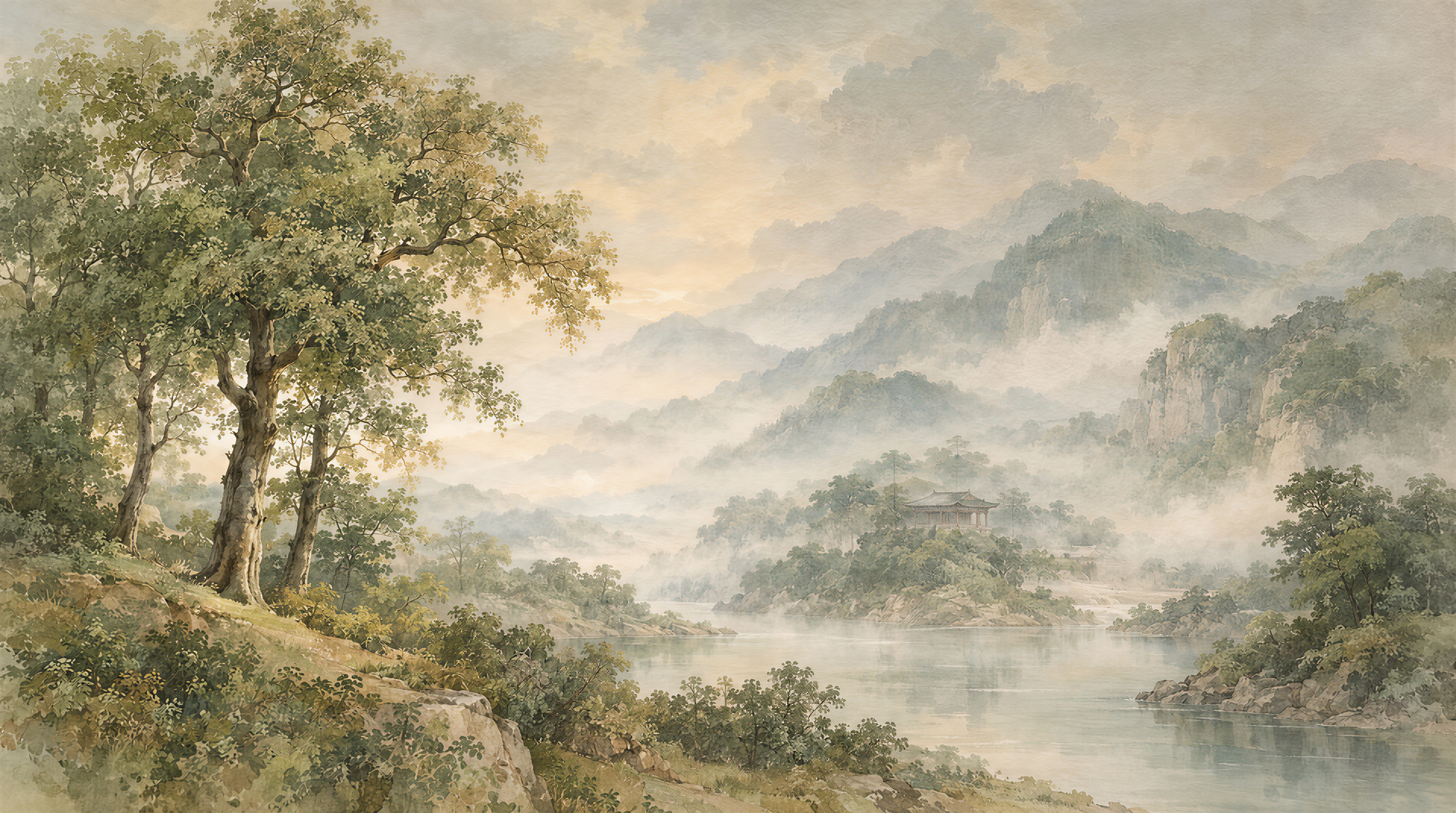 Red And Green A Painterly Scenic View Wallpaper Mural, Peel-and-stick Finish