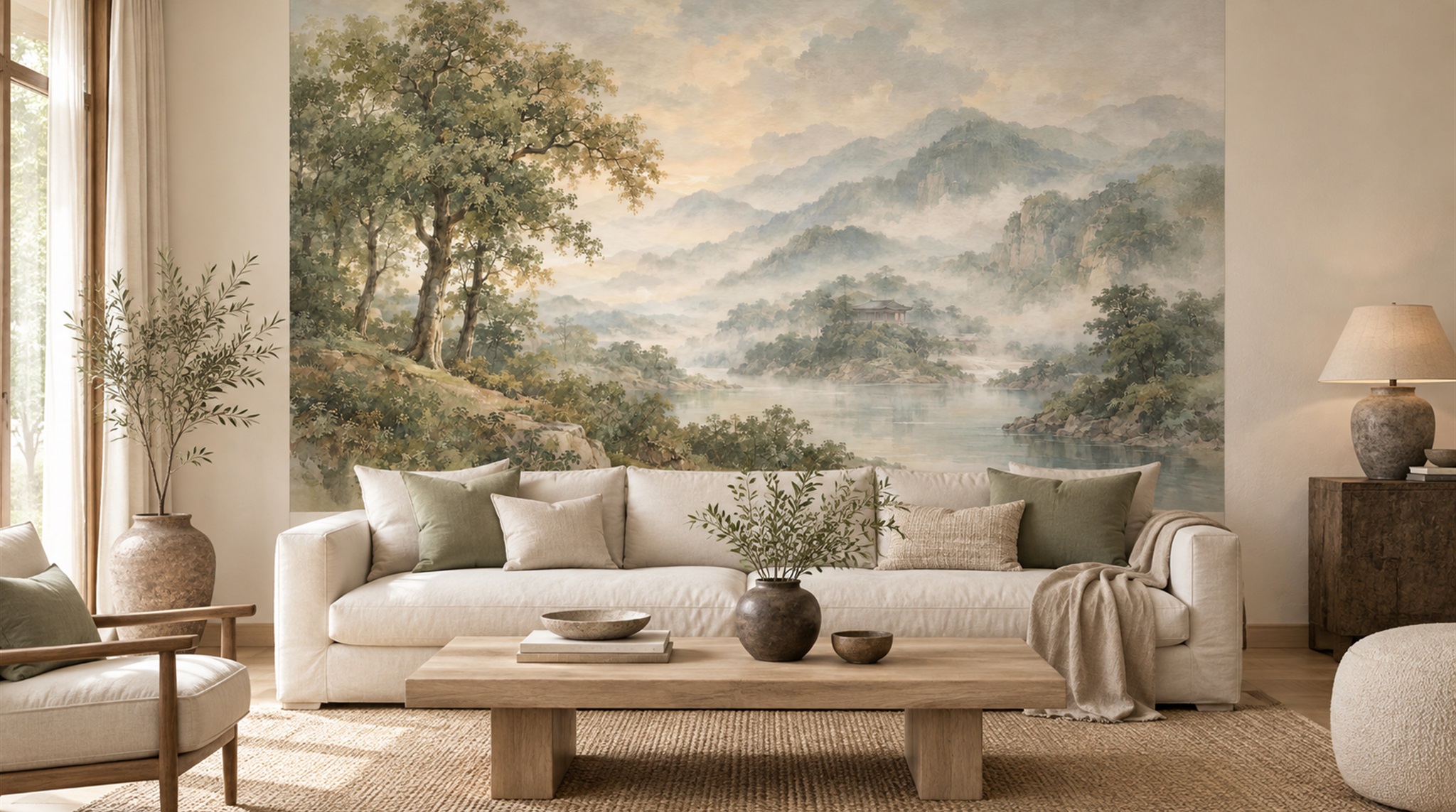 Red And Green A Painterly Scenic View Wallpaper Mural Living-room-wallpaper-murals, Shown In A Living Room, Peel-and-stick Finish