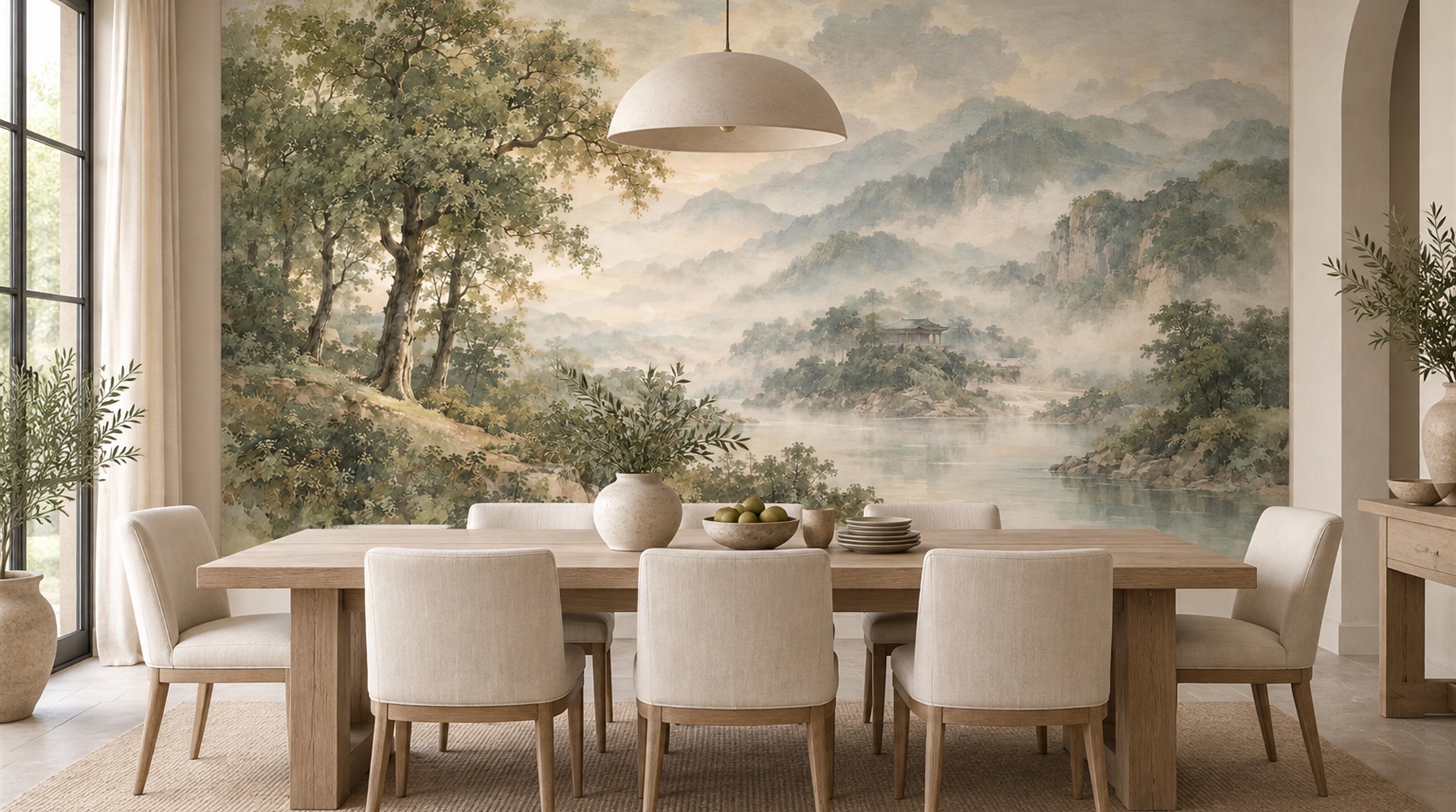 Red And Green A Painterly Scenic View Wallpaper Mural Dining-room-wallpaper-murals, Shown In A Dining Room, Peel-and-stick Finish