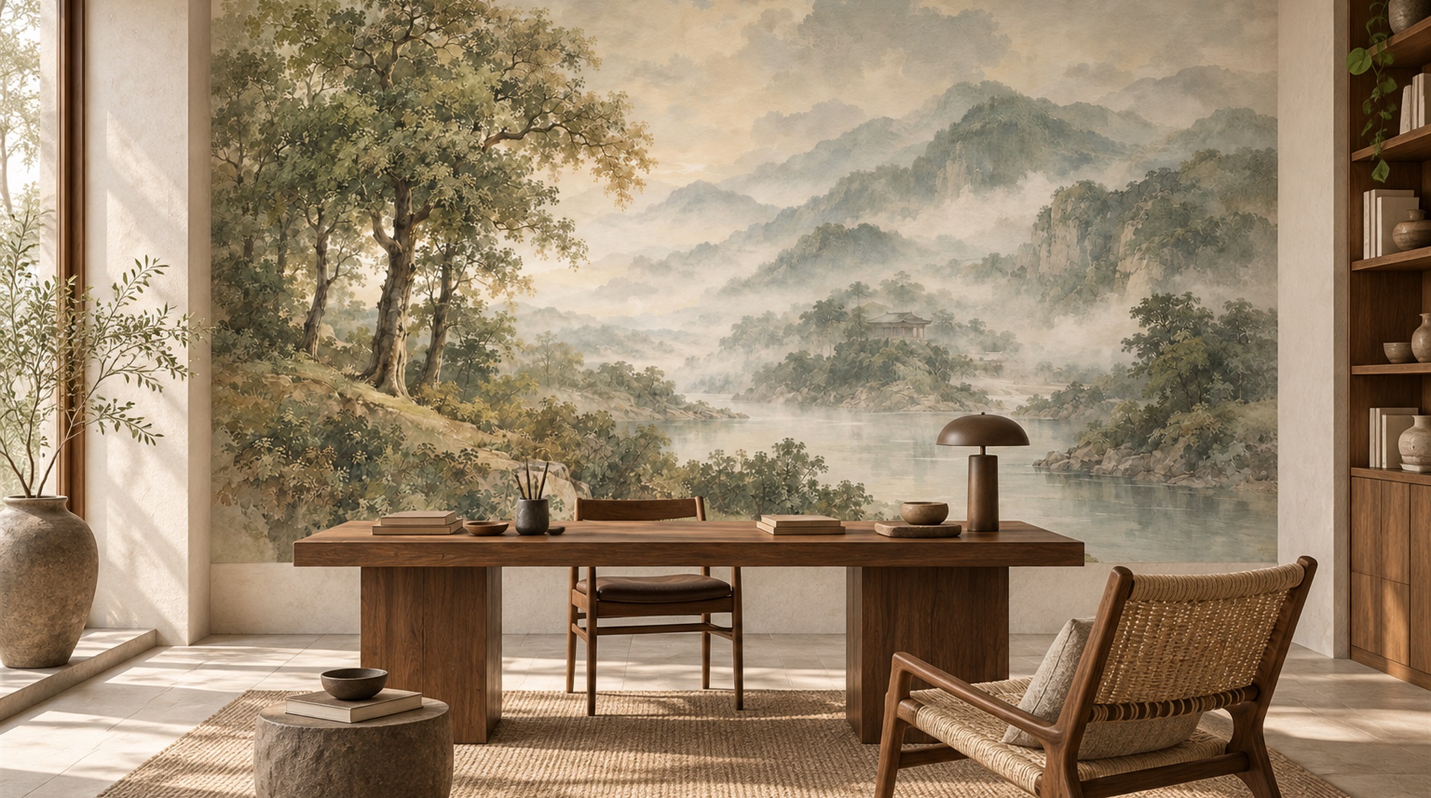 Red And Green A Painterly Scenic View Wallpaper Mural Home-office-wallpaper-murals, Shown In A Home Office, Peel-and-stick Finish