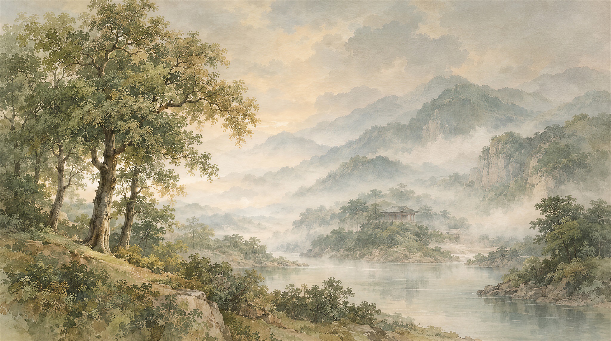 Misty Green Mountain Valley Wallpaper Mural — Wallpaper Mural Design, Peel-and-stick Finish