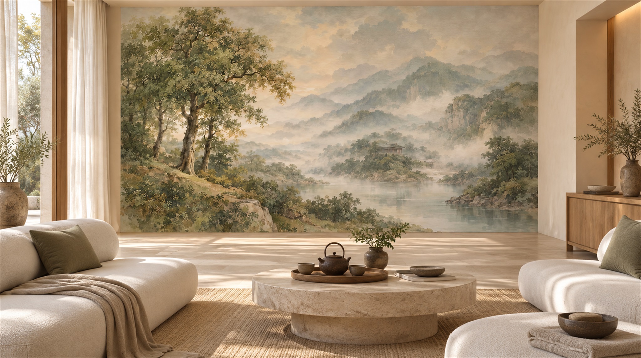 Red And Green A Painterly Scenic View Wallpaper Mural Accent-wall-wallpaper-murals, Peel-and-stick Finish