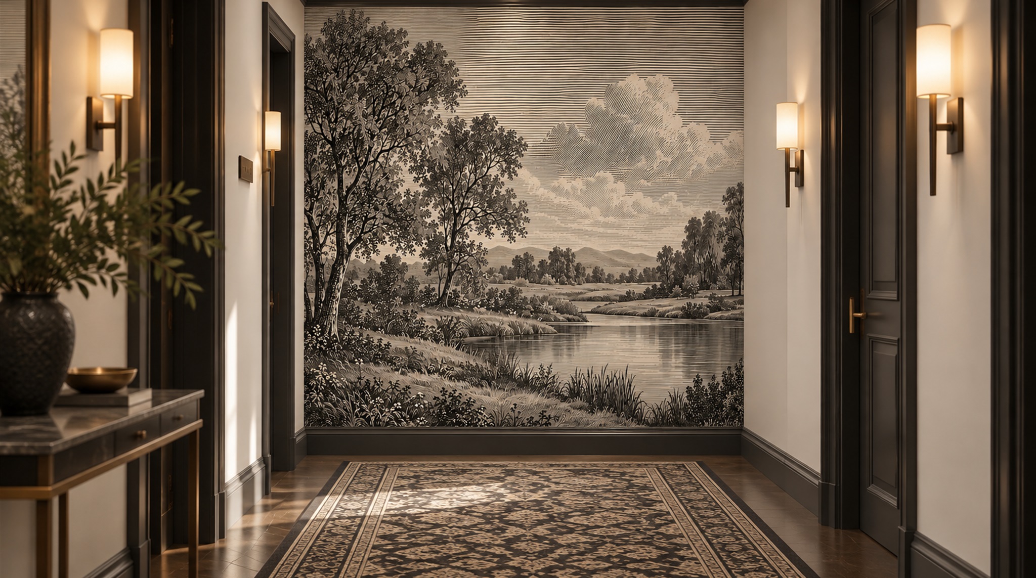 Red And Neutral A Painterly Scenic View Wallpaper Mural Accent-wall-wallpaper-murals, Peel-and-stick Finish