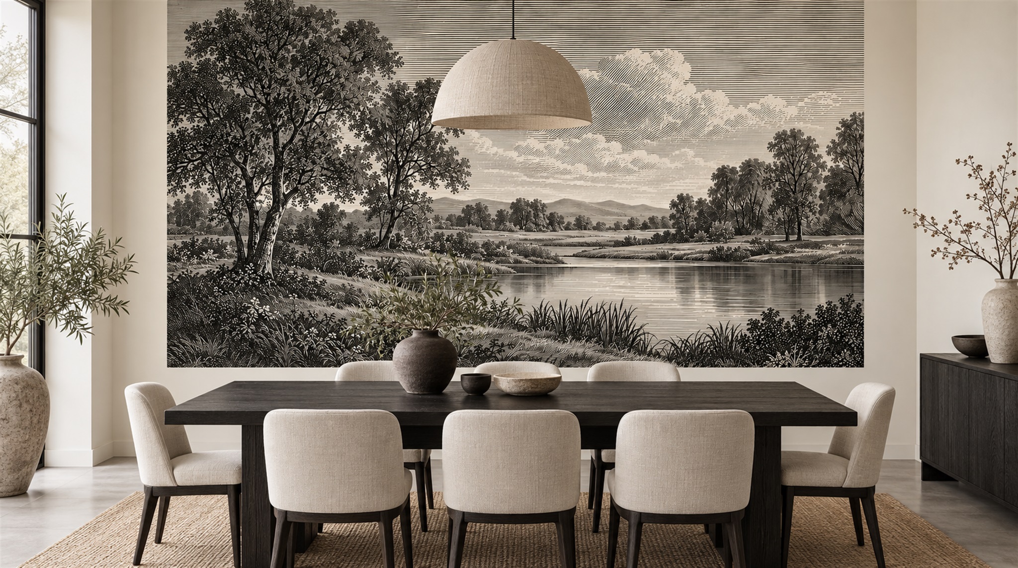 Red And Neutral A Painterly Scenic View Wallpaper Mural Dining-room-wallpaper-murals, Shown In A Dining Room, Peel-and-stick Finish