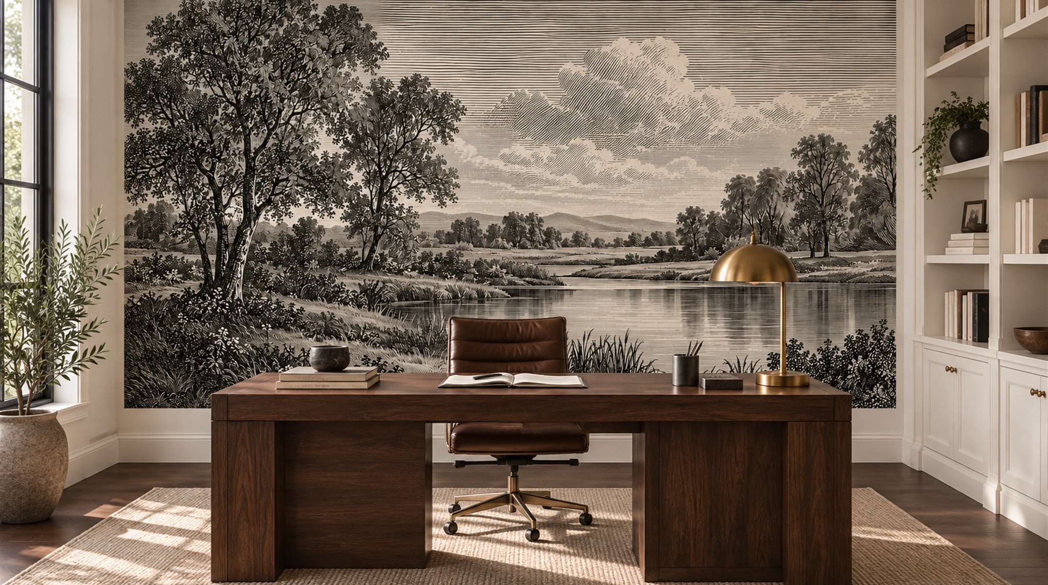 Red And Neutral A Painterly Scenic View Wallpaper Mural Office-wallpaper-murals, Shown In A Home Office, Peel-and-stick Finish