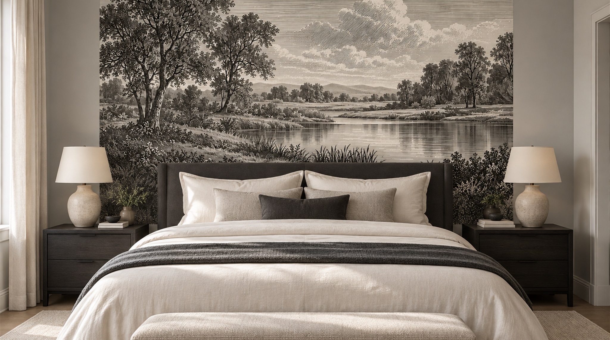 Red And Neutral A Painterly Scenic View Wallpaper Mural Bedroom-wallpaper-murals, Peel-and-stick Finish