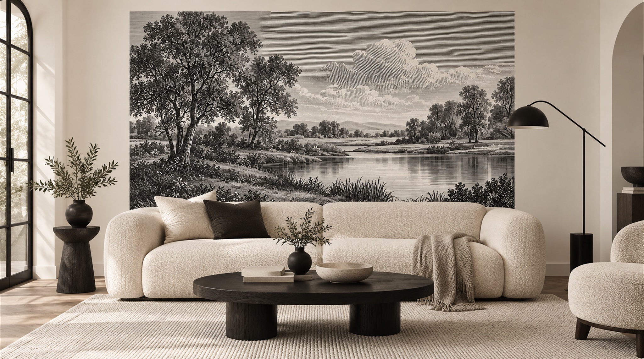 Red And Neutral A Painterly Scenic View Wallpaper Mural Living-room-wallpaper-murals, Shown In A Living Room, Peel-and-stick Finish