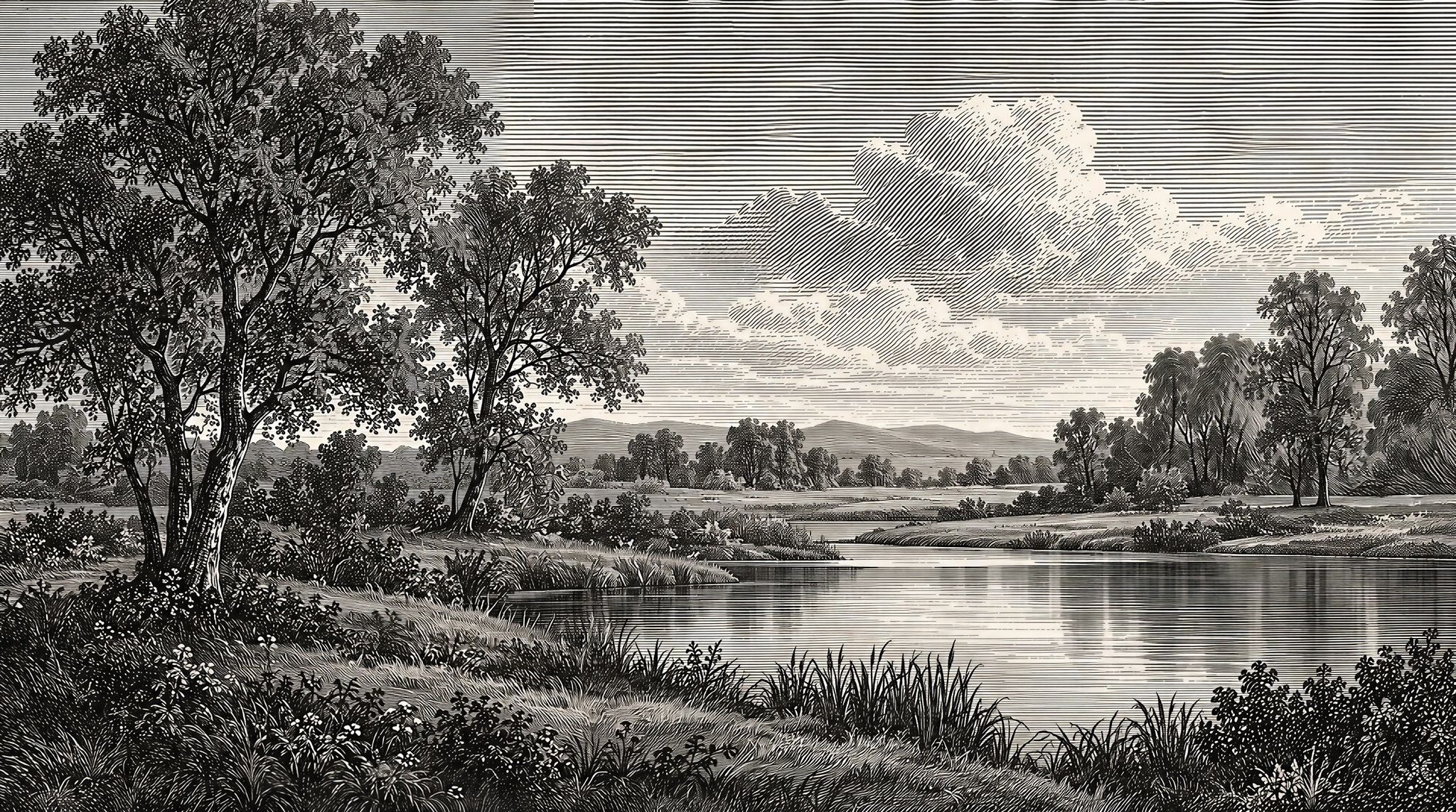 Monochrome Waterside Tree Landscape Wallpaper Mural — Wallpaper Mural Design, Peel-and-stick Finish