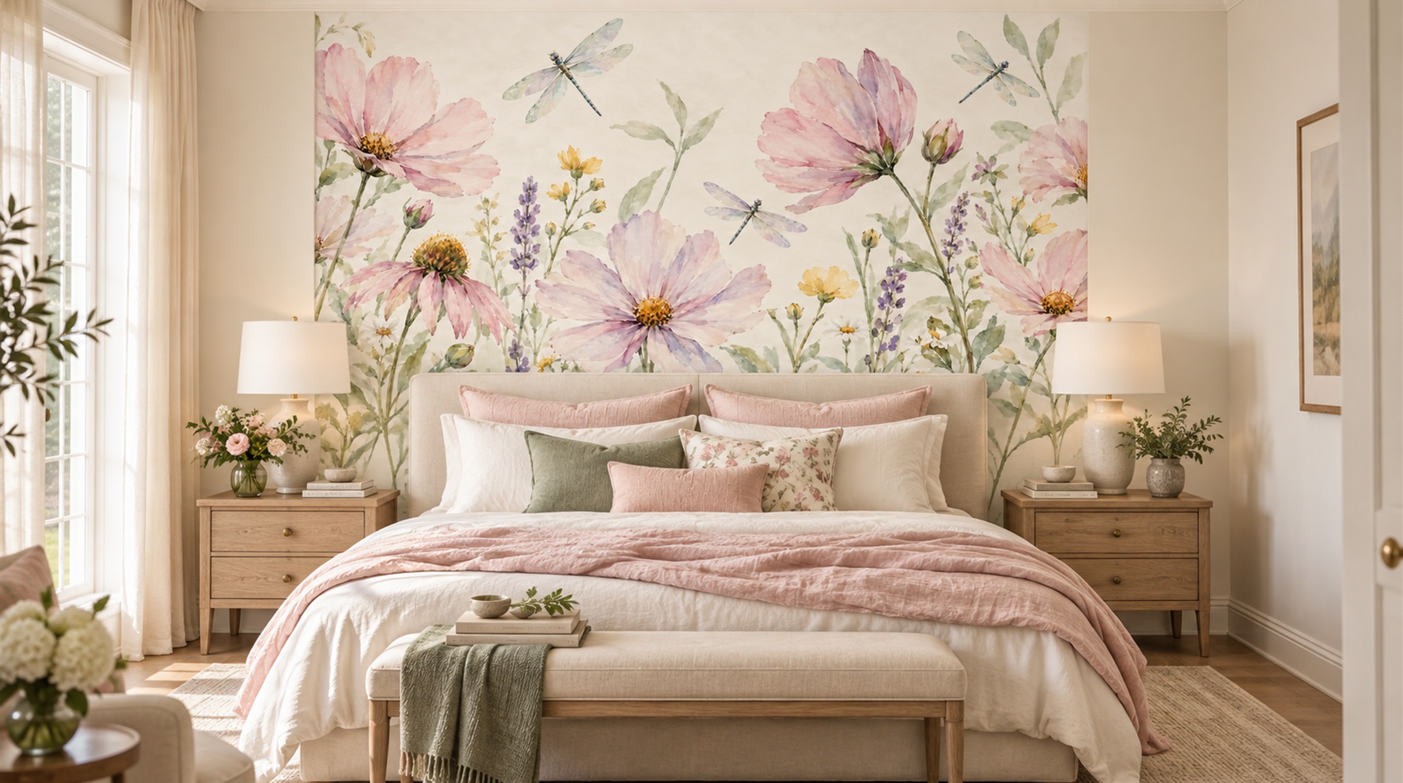 Red And Soft Pastel Floral Forms Wallpaper Mural Bedroom-wallpaper-murals, Peel-and-stick Finish