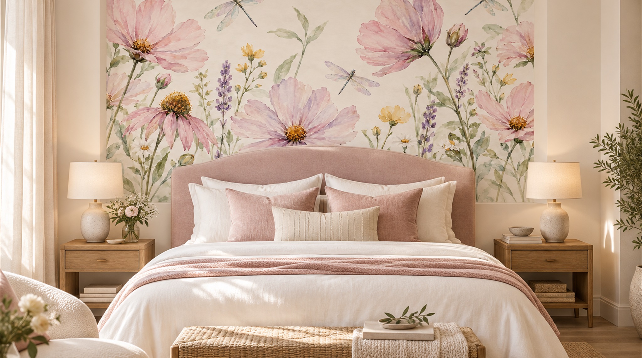 Red And Soft Pastel Floral Forms Wallpaper Mural Accent-wall-wallpaper-murals, Peel-and-stick Finish
