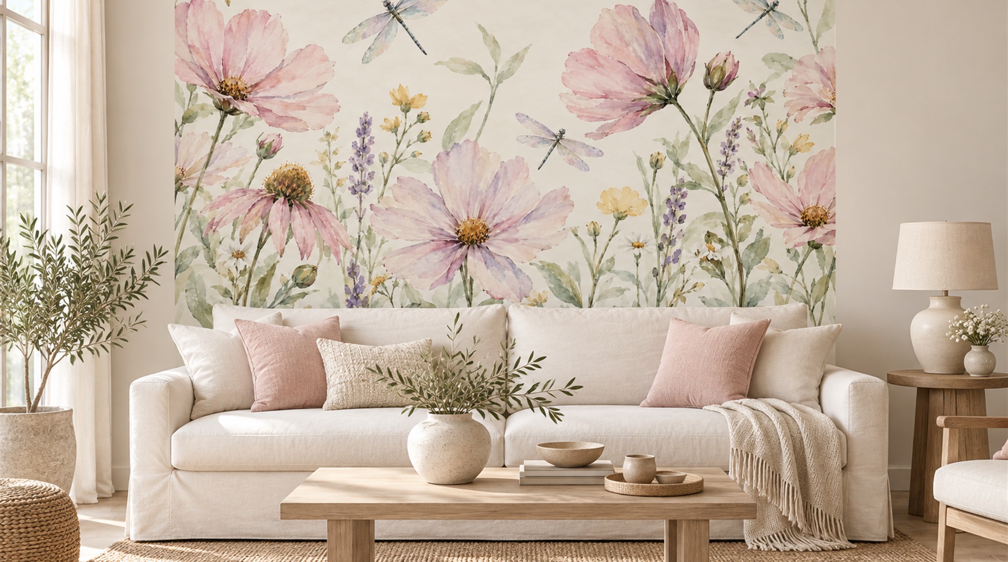Red And Soft Pastel Floral Forms Wallpaper Mural Living-room-wallpaper-murals, Shown In A Living Room, Peel-and-stick Finish