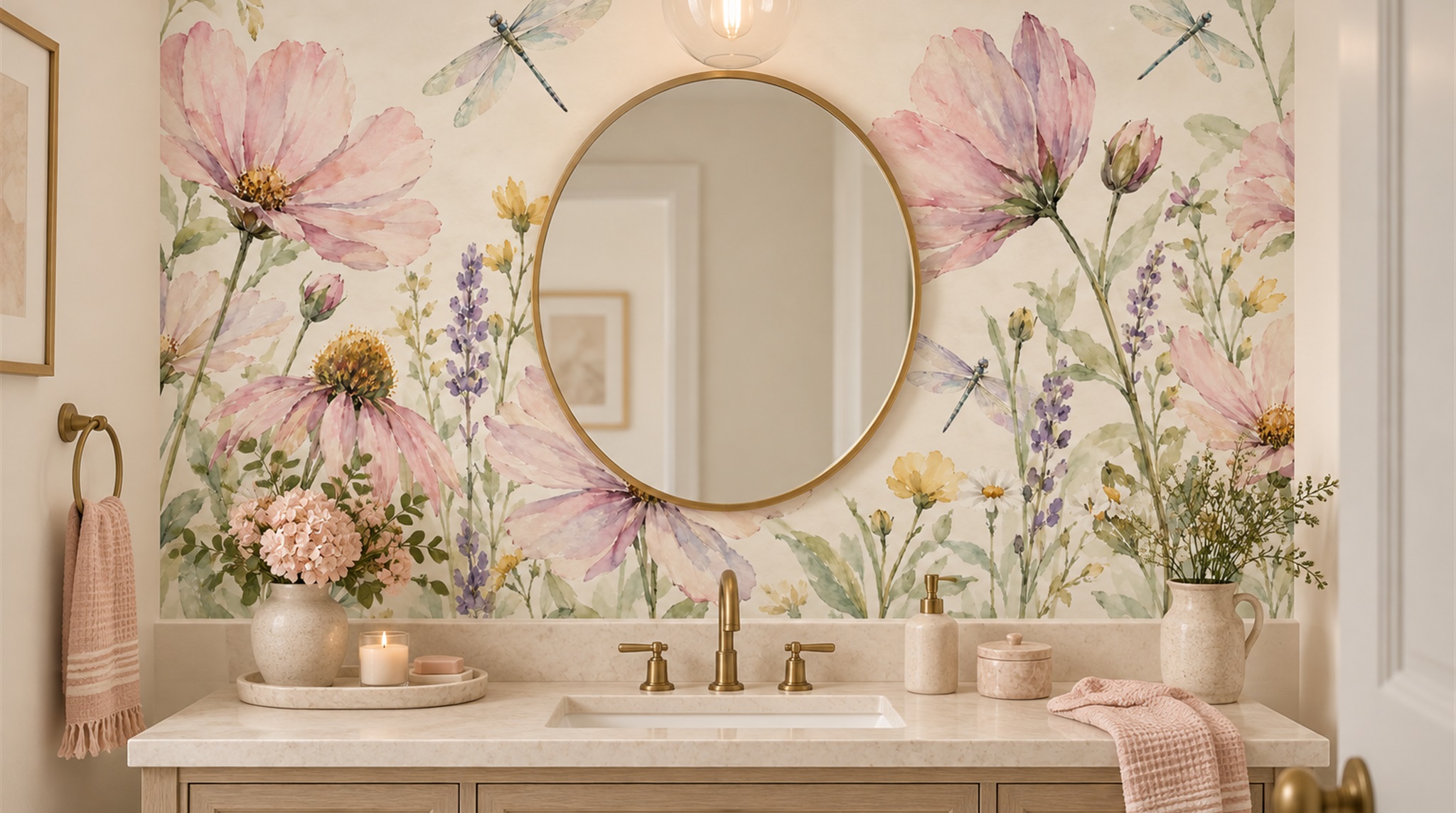 Red And Soft Pastel Floral Forms Wallpaper Mural Accent-wall-wallpaper-murals, Peel-and-stick Finish
