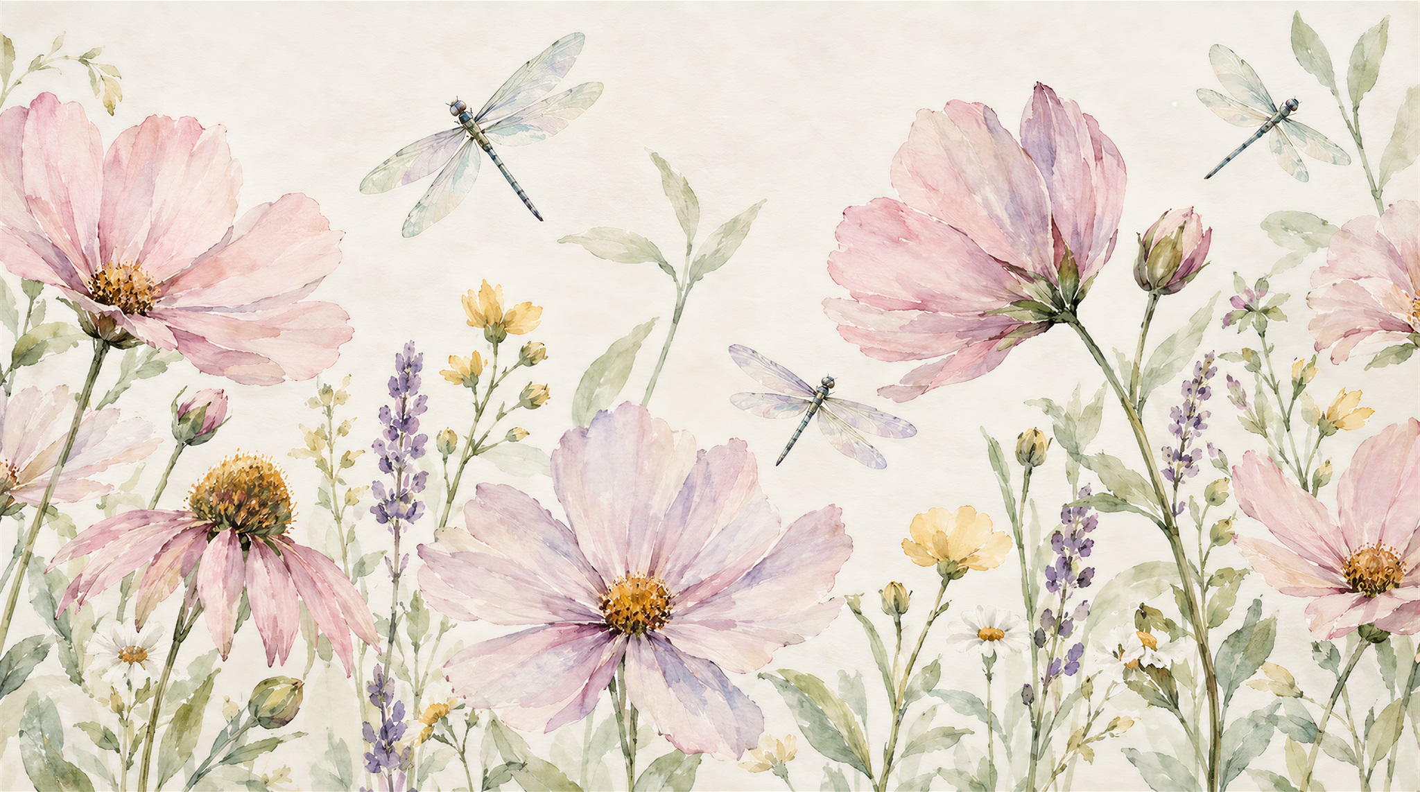 Pastel Wildflowers And Dragonflies Wallpaper Mural — Wallpaper Mural Design, Peel-and-stick Finish