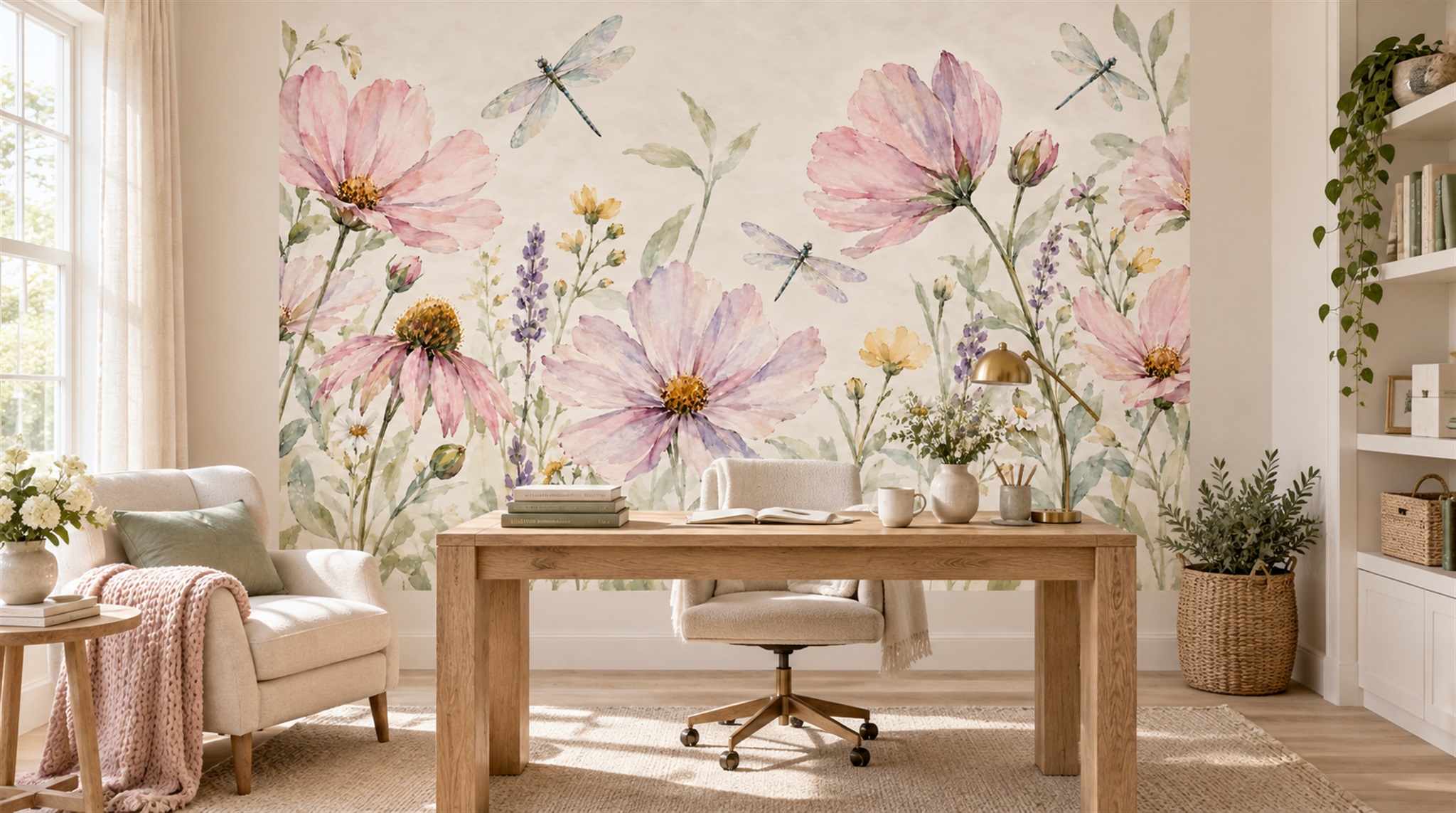 Red And Soft Pastel Floral Forms Wallpaper Mural, Peel-and-stick Finish
