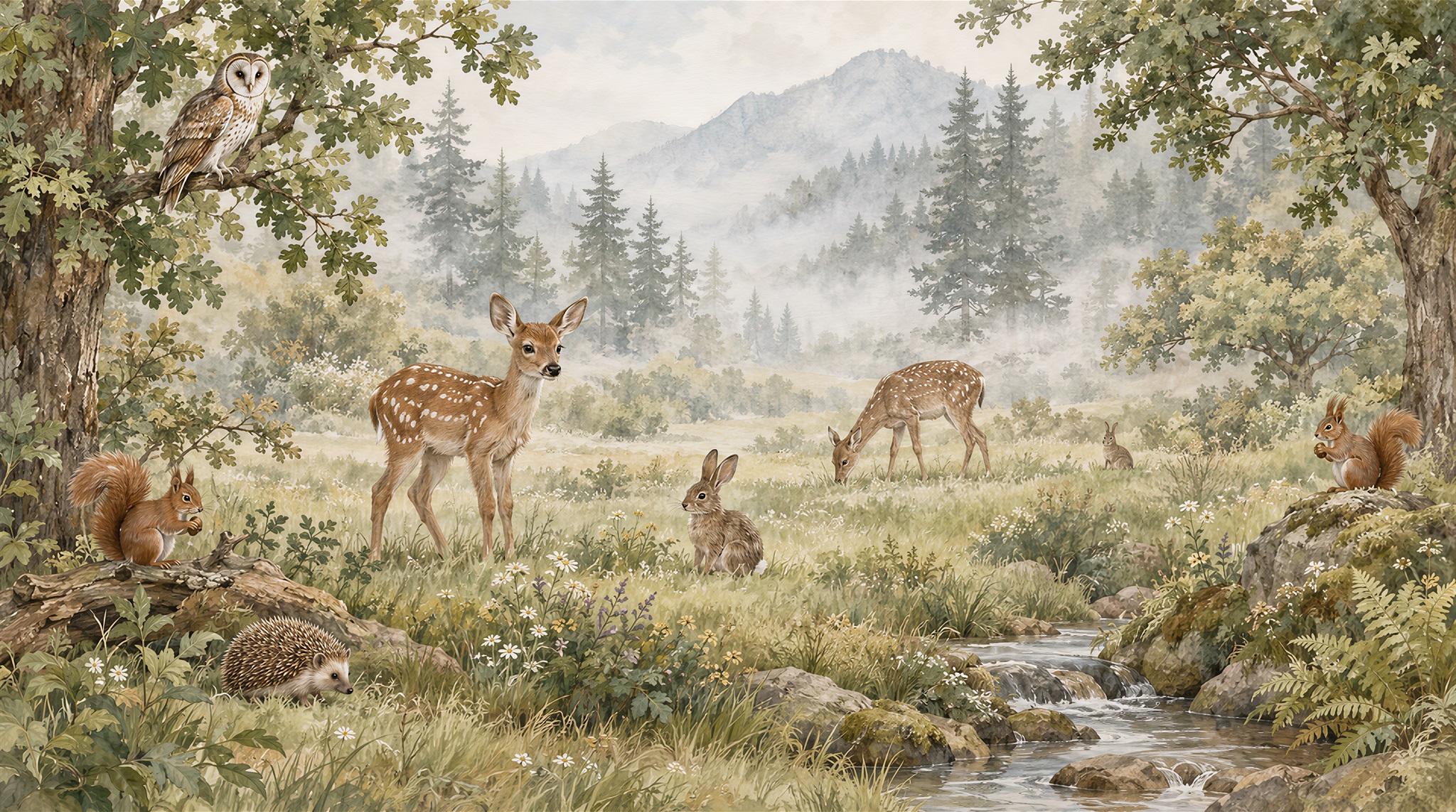 Deer In A Misty Woodland Wallpaper Mural — Wallpaper Mural Design, Peel-and-stick Finish