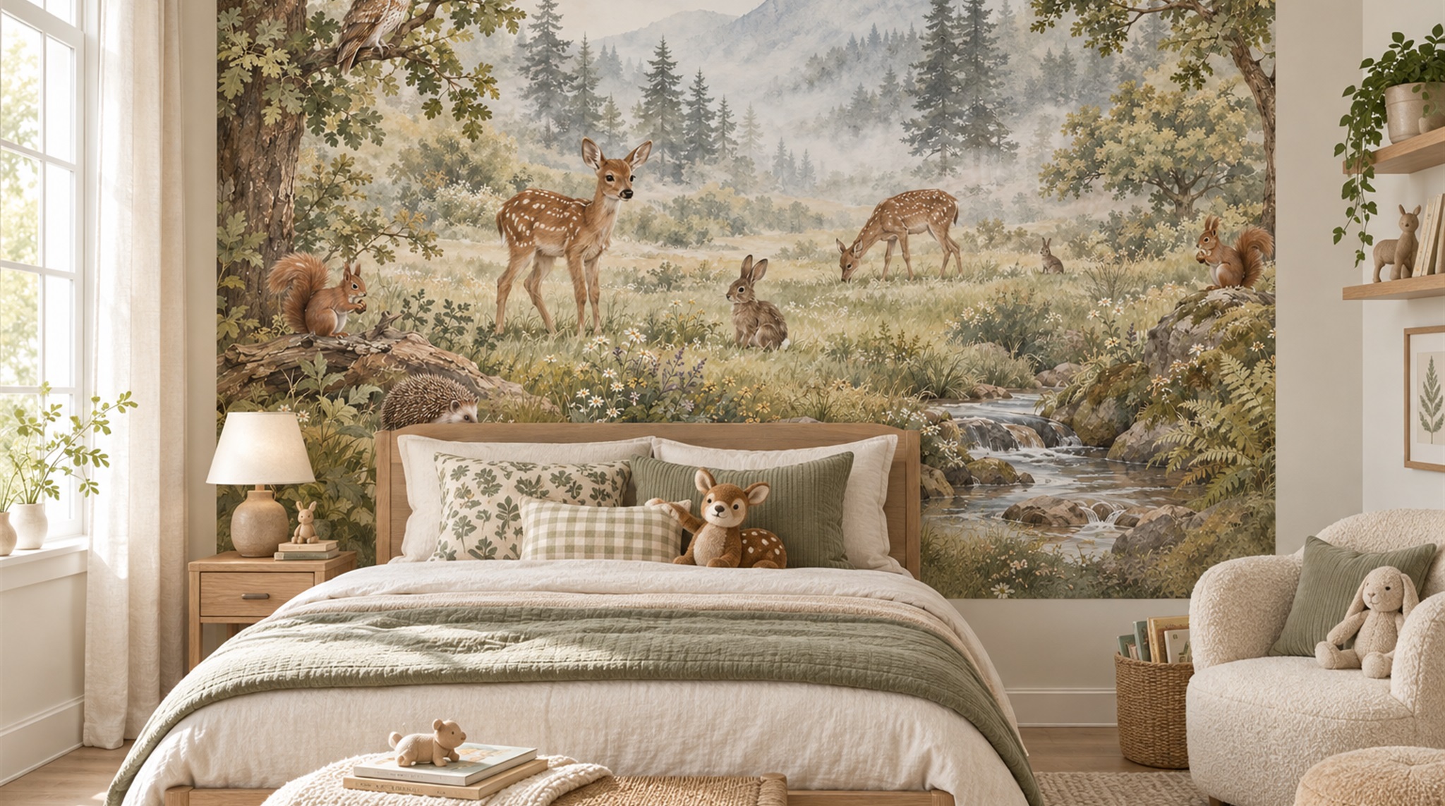 Red And Sage Green Decorative Patterning Wallpaper Kids-room-wallpaper-murals, Peel-and-stick Finish