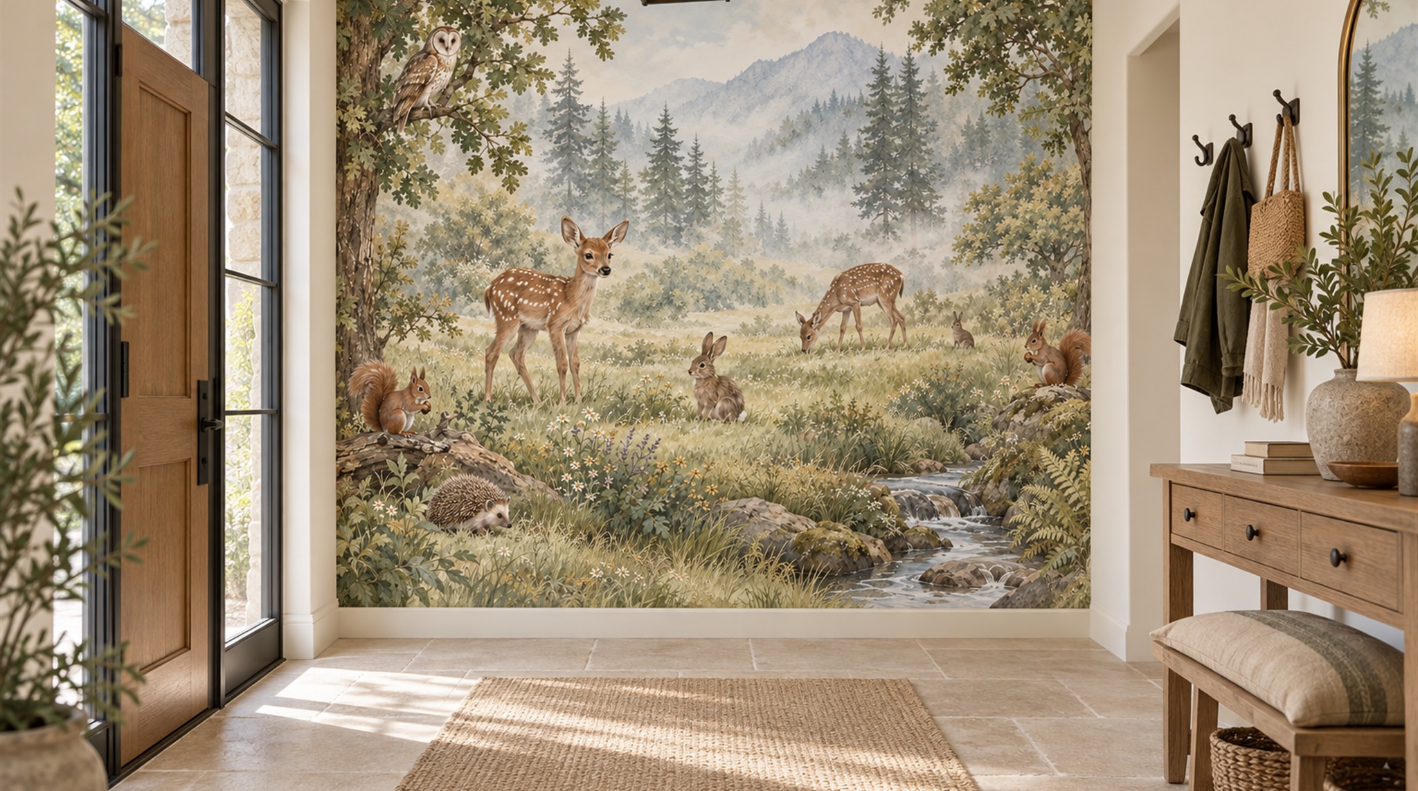 Red And Sage Green Decorative Patterning Wallpaper Entryway-wallpaper-murals, Peel-and-stick Finish
