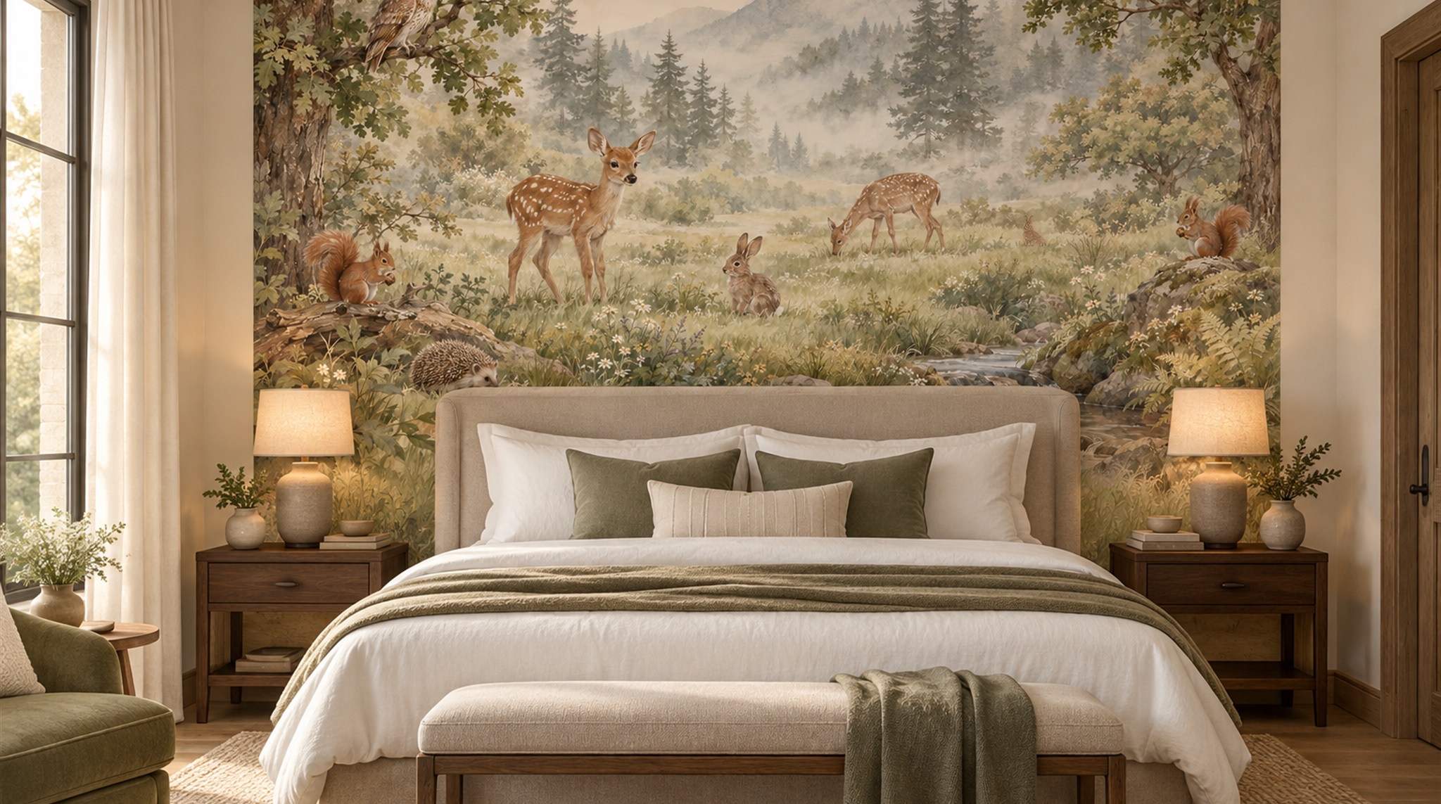 Red And Sage Green Decorative Patterning Wallpaper Accent-wall-wallpaper-murals, Peel-and-stick Finish