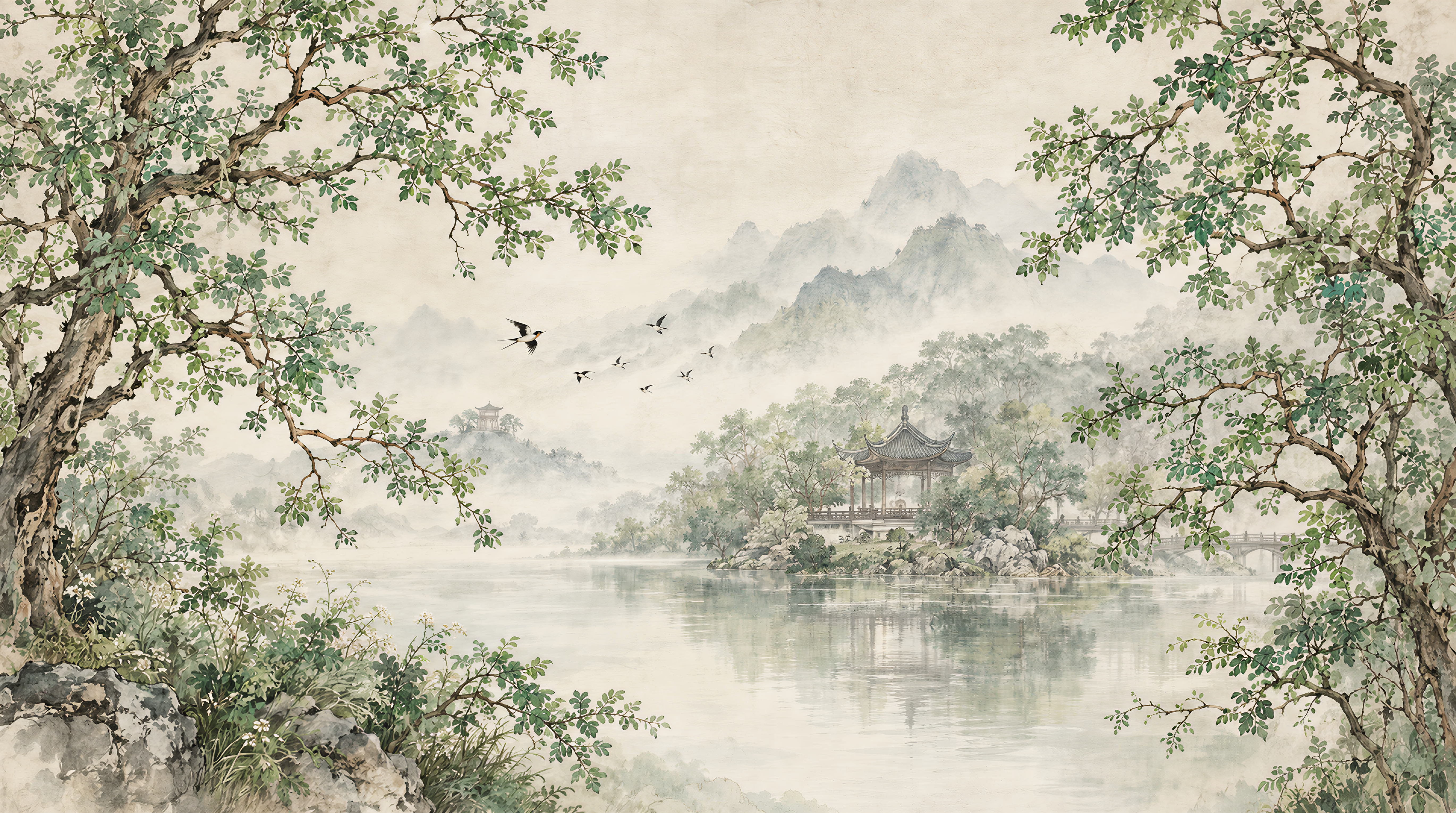 Red And Sage Green A Painterly Scenic View Wallpaper, Peel-and-stick Finish