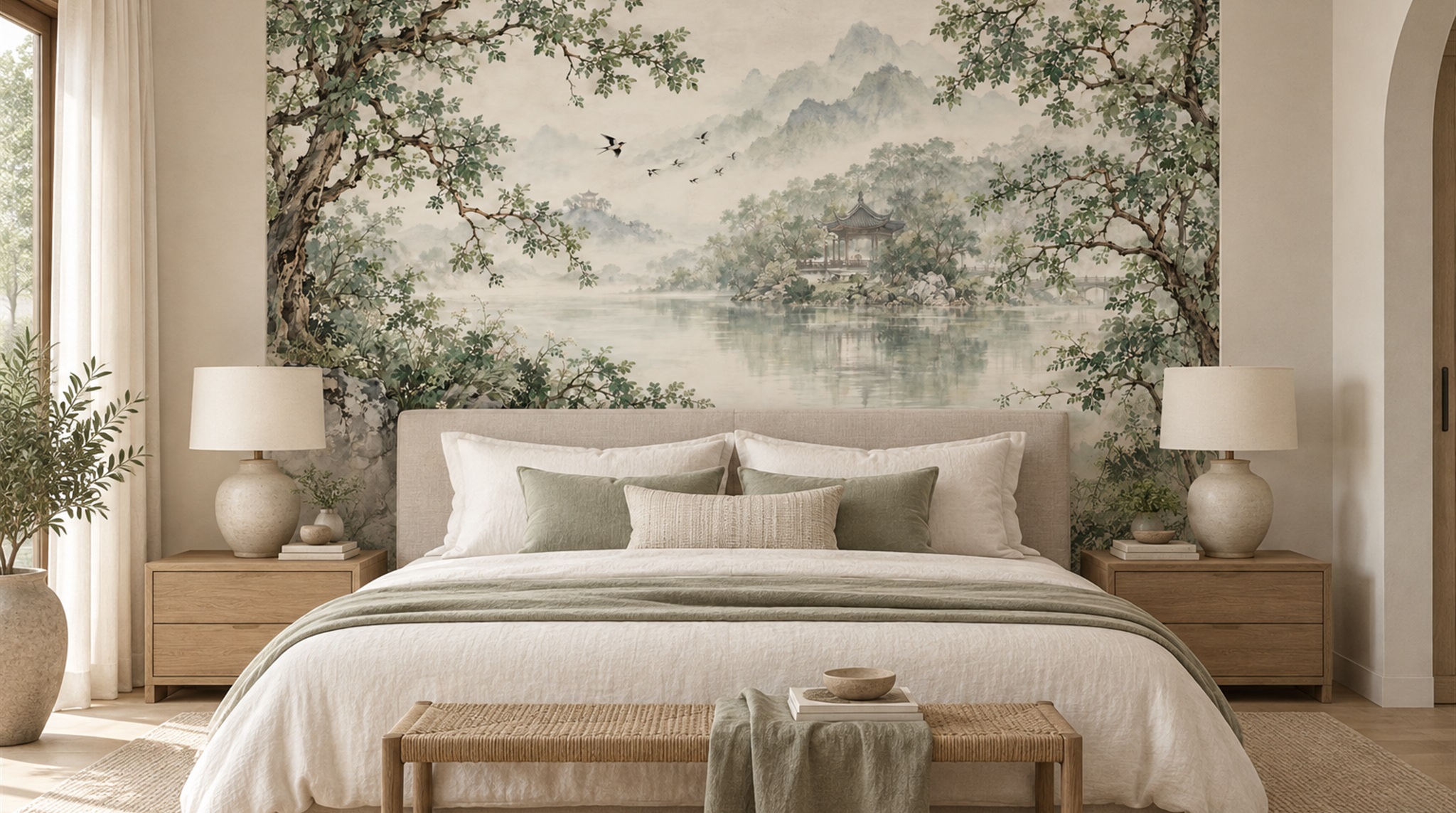 Red And Sage Green A Painterly Scenic View Wallpaper Bedroom-wallpaper-murals, Peel-and-stick Finish