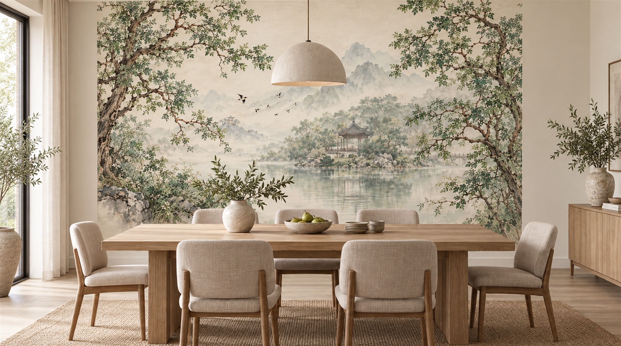 Red And Sage Green A Painterly Scenic View Wallpaper Dining-room-wallpaper-murals, Shown In A Dining Room, Peel-and-stick Finish