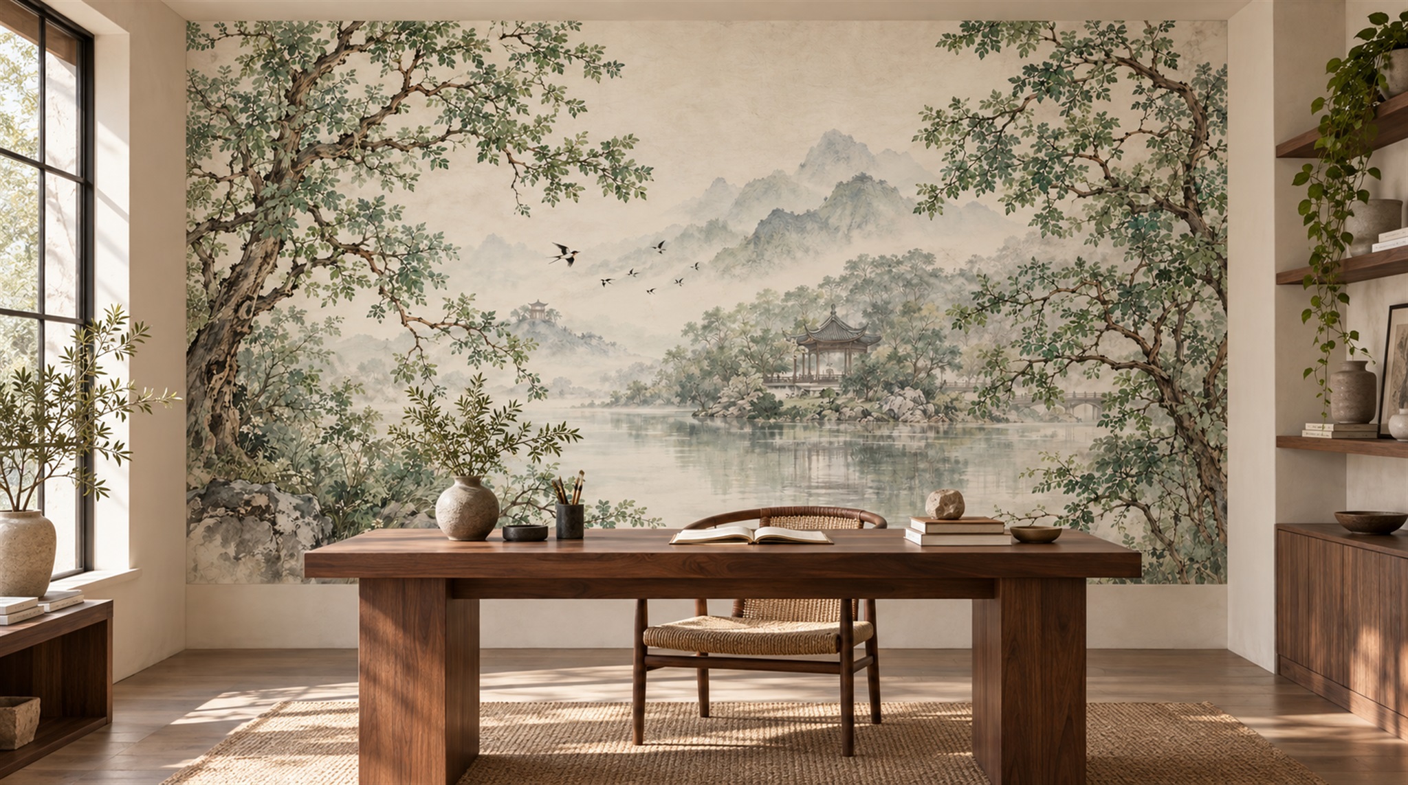 Red And Sage Green A Painterly Scenic View Wallpaper Home-office-wallpaper-murals, Shown In A Home Office, Peel-and-stick Finish
