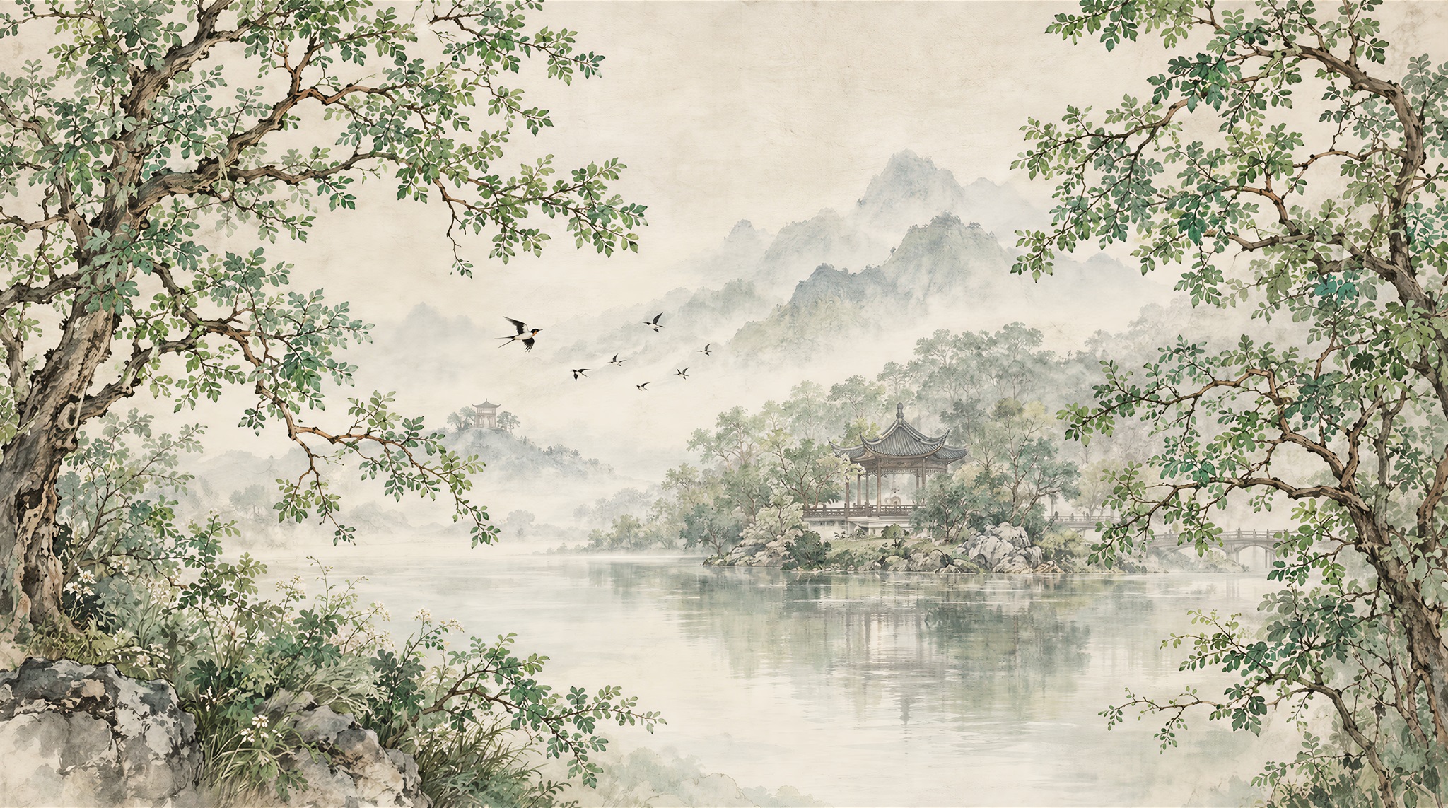 Misty Lakeside Forest Landscape Wallpaper Mural — Wallpaper Mural Design, Peel-and-stick Finish