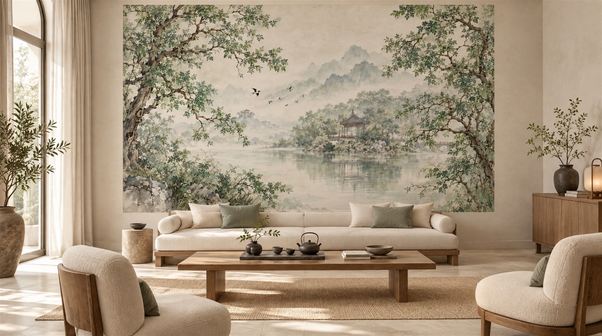 Red And Sage Green A Painterly Scenic View Wallpaper Accent-wall-wallpaper-murals, Peel-and-stick Finish