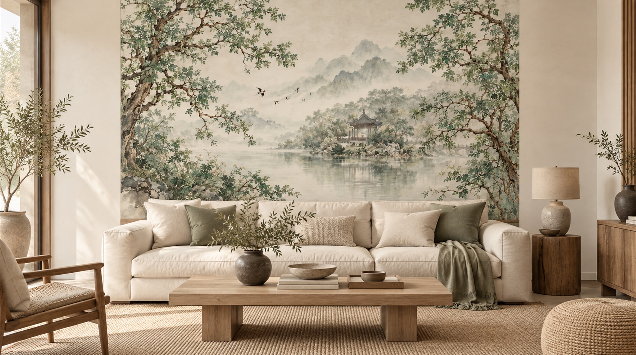 Red And Sage Green A Painterly Scenic View Wallpaper Living-room-wallpaper-murals, Shown In A Living Room, Peel-and-stick Finish