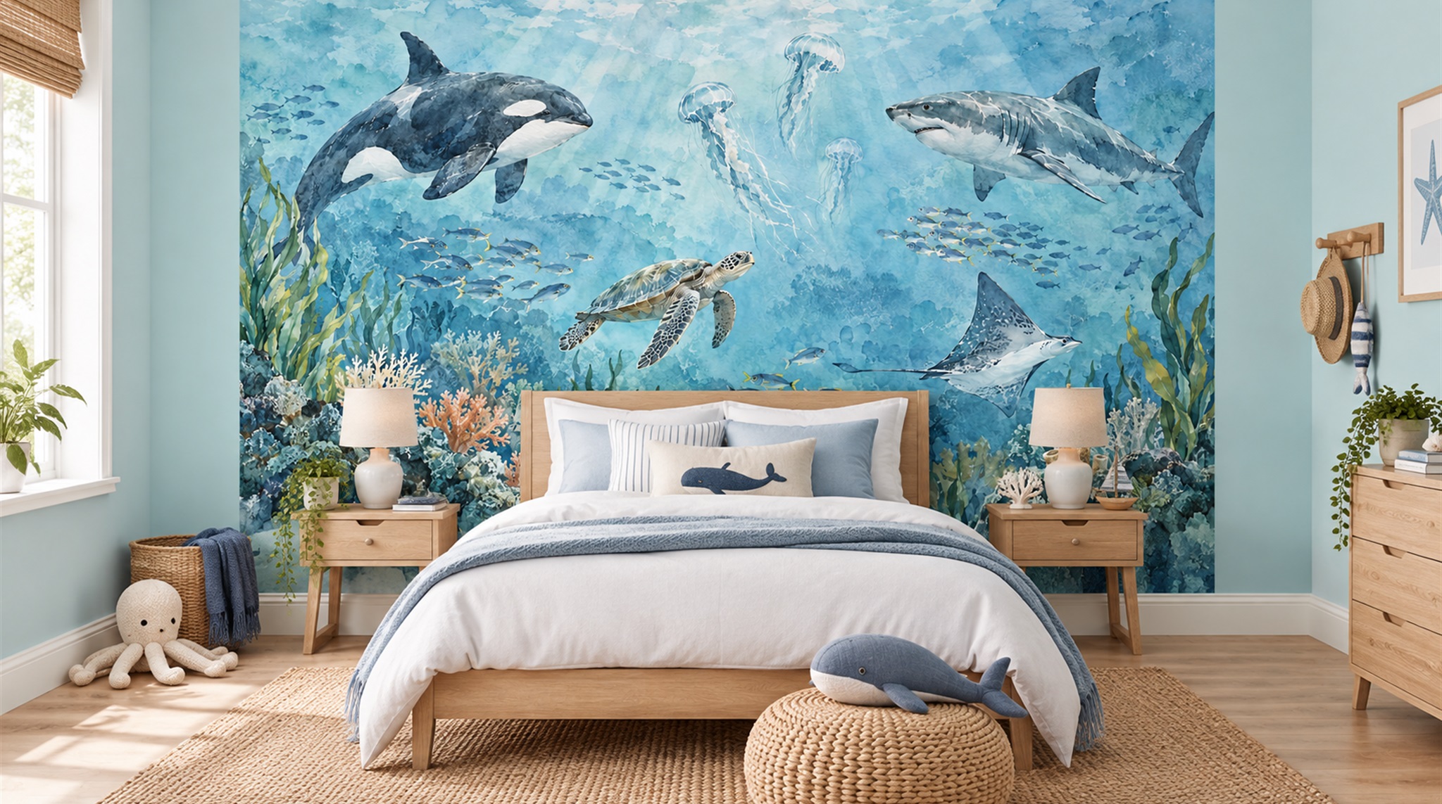 Red And Aqua An Open Ocean View Nursery-wallpaper-murals, Peel-and-stick Finish