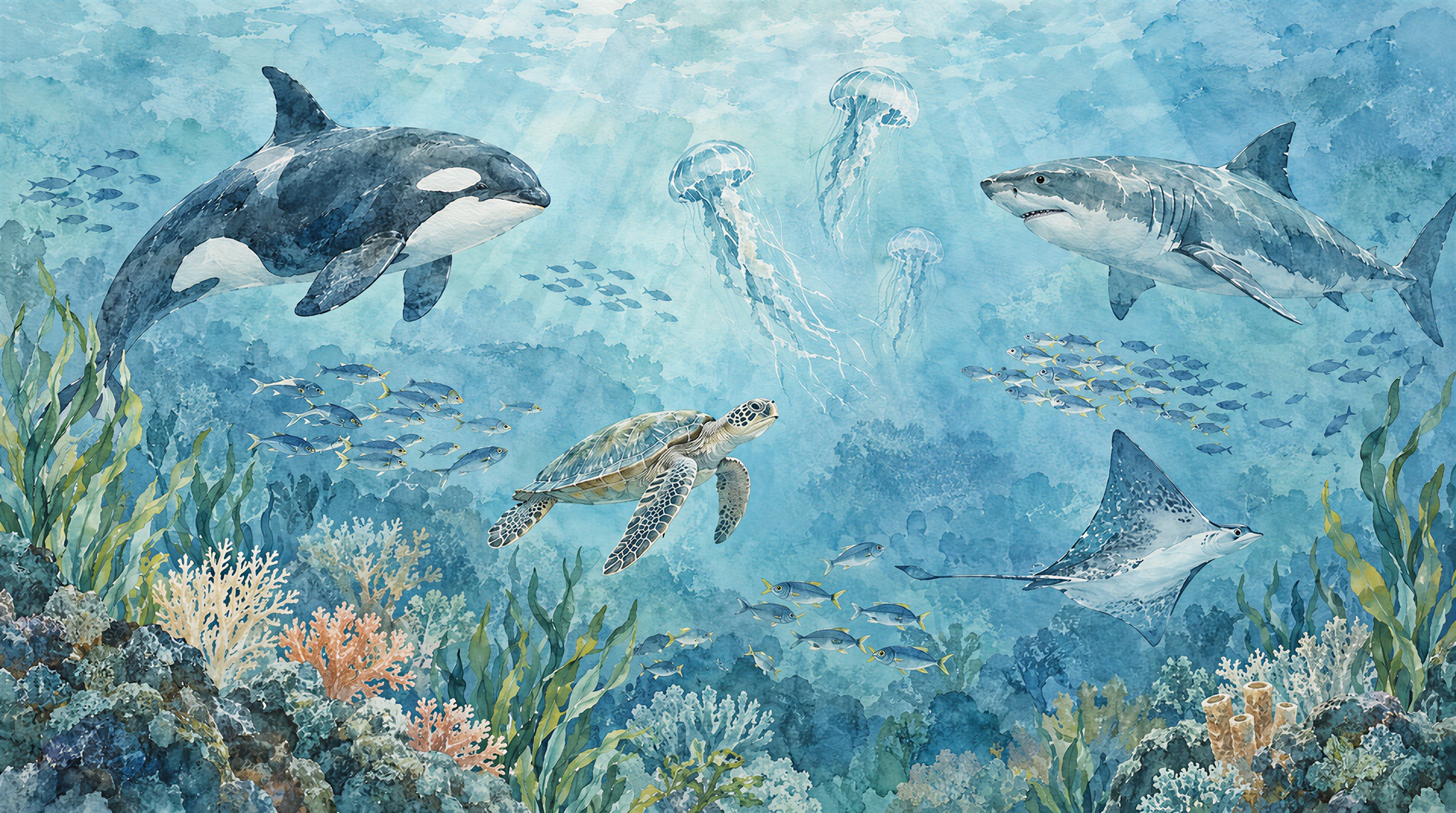 Dolphins And Sea Turtles Coral Reef Wallpaper Mural — Wallpaper Mural Design, Peel-and-stick Finish