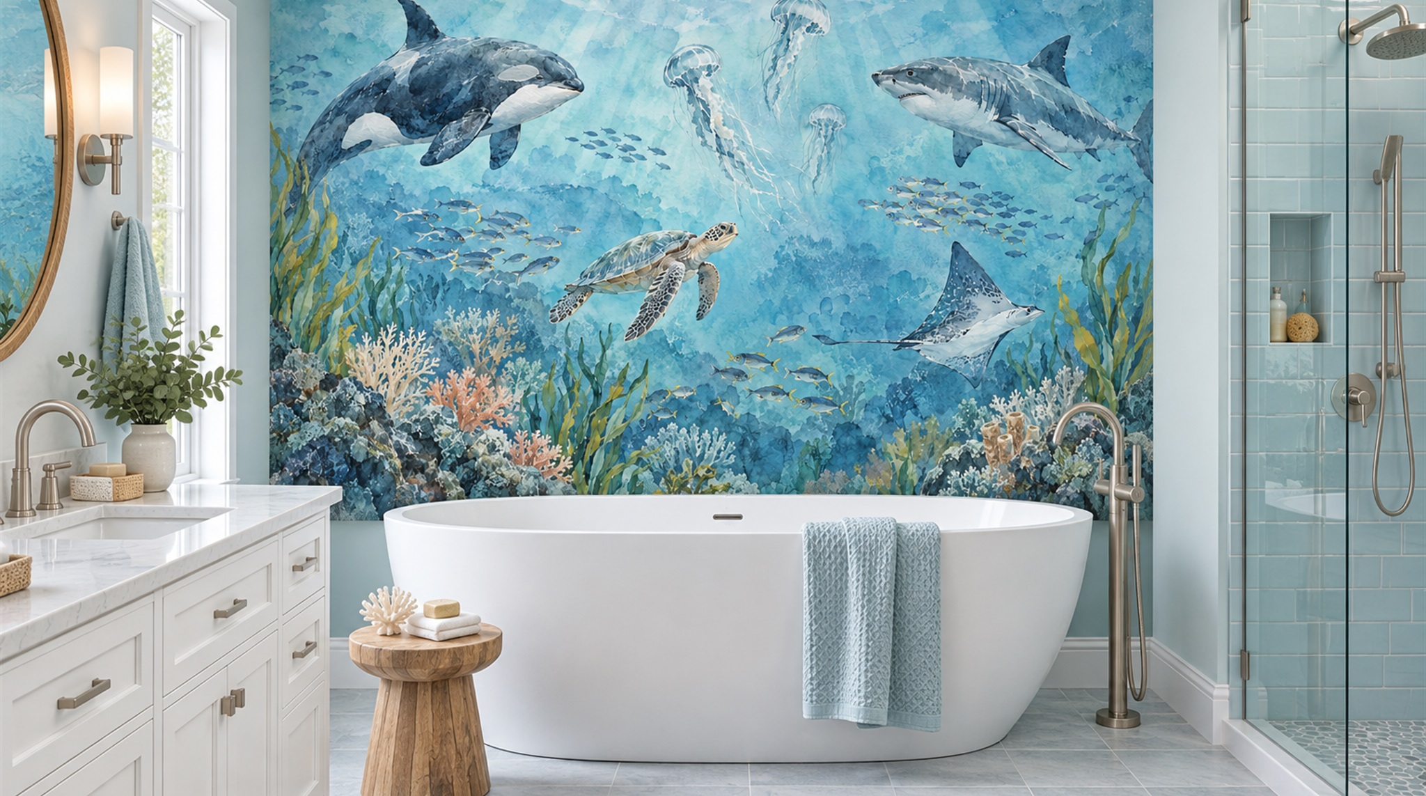 Red And Aqua An Open Ocean View Bathroom-wallpaper-murals, Peel-and-stick Finish