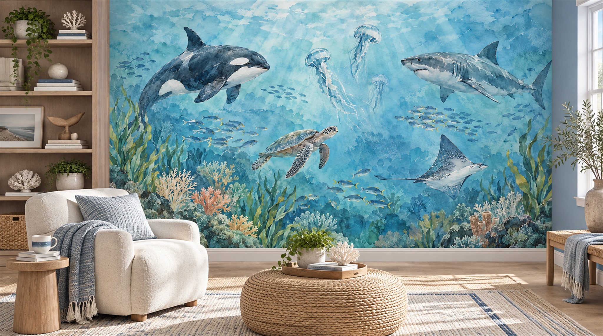 Red And Aqua An Open Ocean View Accent-wall-wallpaper-murals, Peel-and-stick Finish