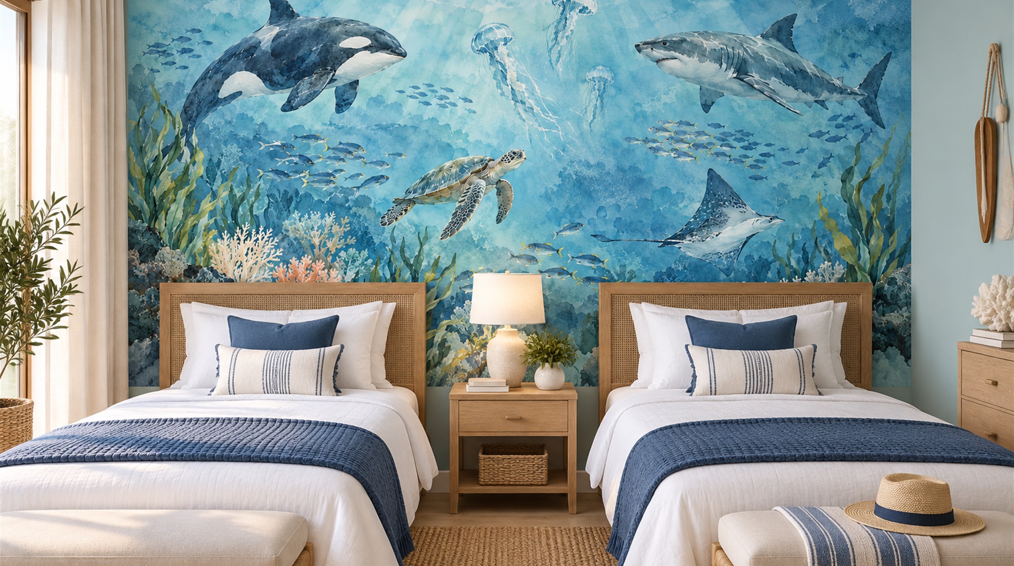 Red And Aqua An Open Ocean View Accent-wall-wallpaper-murals, Peel-and-stick Finish