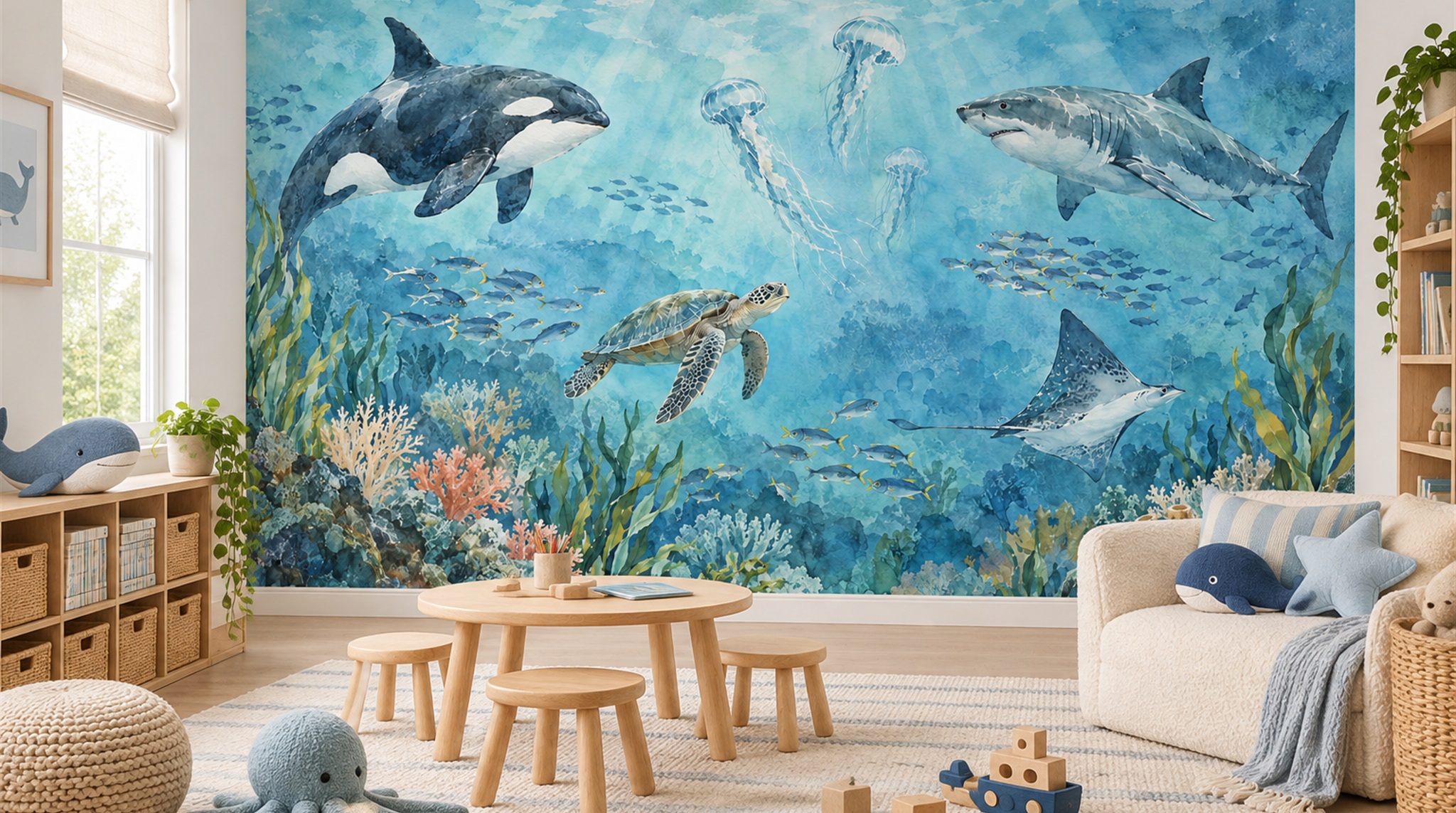 Red And Aqua An Open Ocean View Playroom-wallpaper-murals, Peel-and-stick Finish