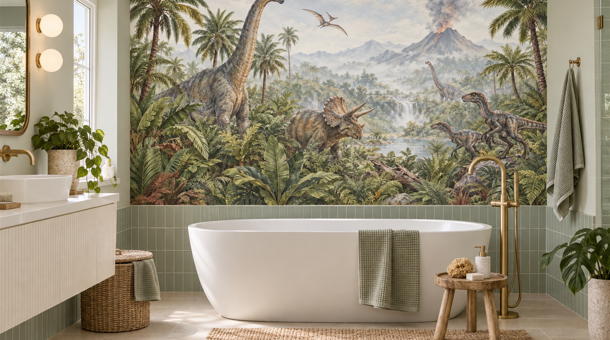 Red And Sage Green Decorative Patterning Wallpaper Layered Wallpaper Bathroom-wallpaper-murals, Peel-and-stick Finish